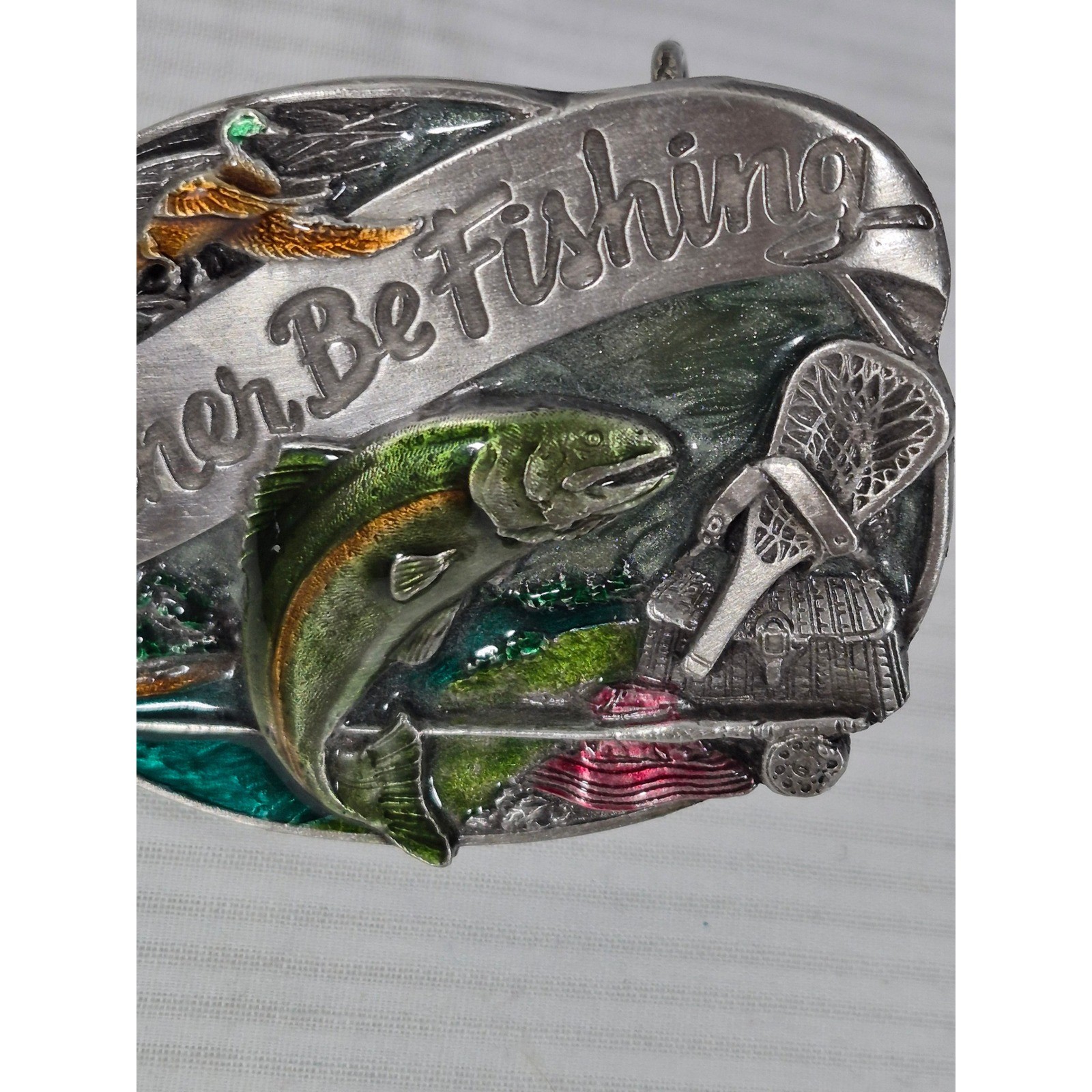 1985 Siskiyou Pewter & Enamel Belt Buckle « I&rsquo;d Rather Be Fishing » Trout M-30