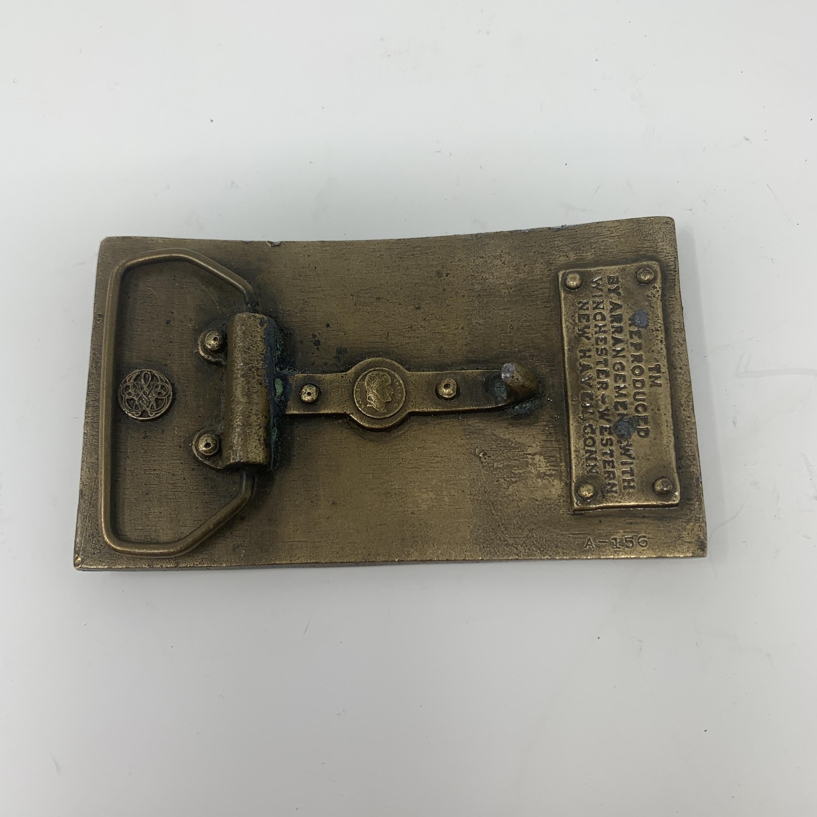 Vintage Winchester Repeating Arms Brass Belt Buckle Rifle New Haven CT Western