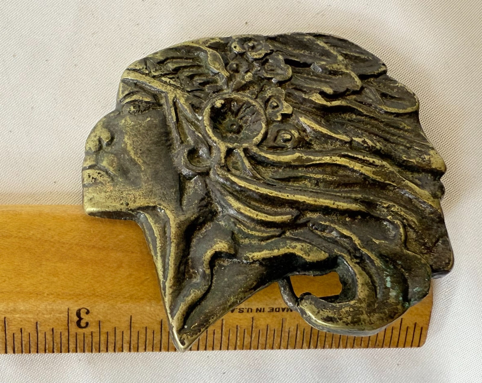 Vintage Native American Indian Chief Solid Brass Belt Buckle Headdress Taiwan