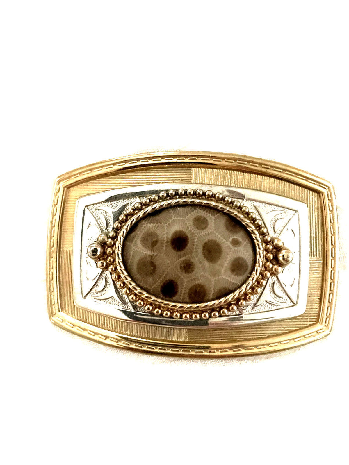Petosky stone belt buckle for men silver plated with a layer of genuine 24-karat