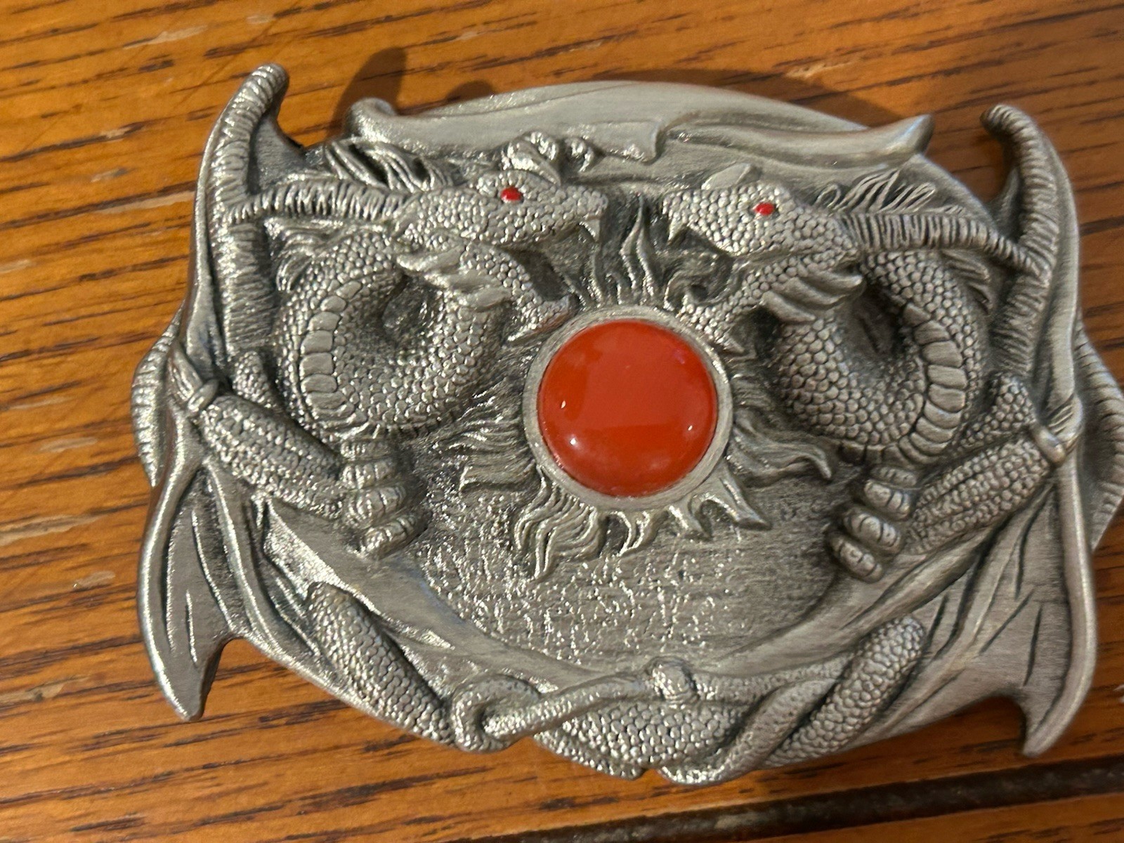 Metal Silver Tone Dragon Belt Buckle With Red Center Stone