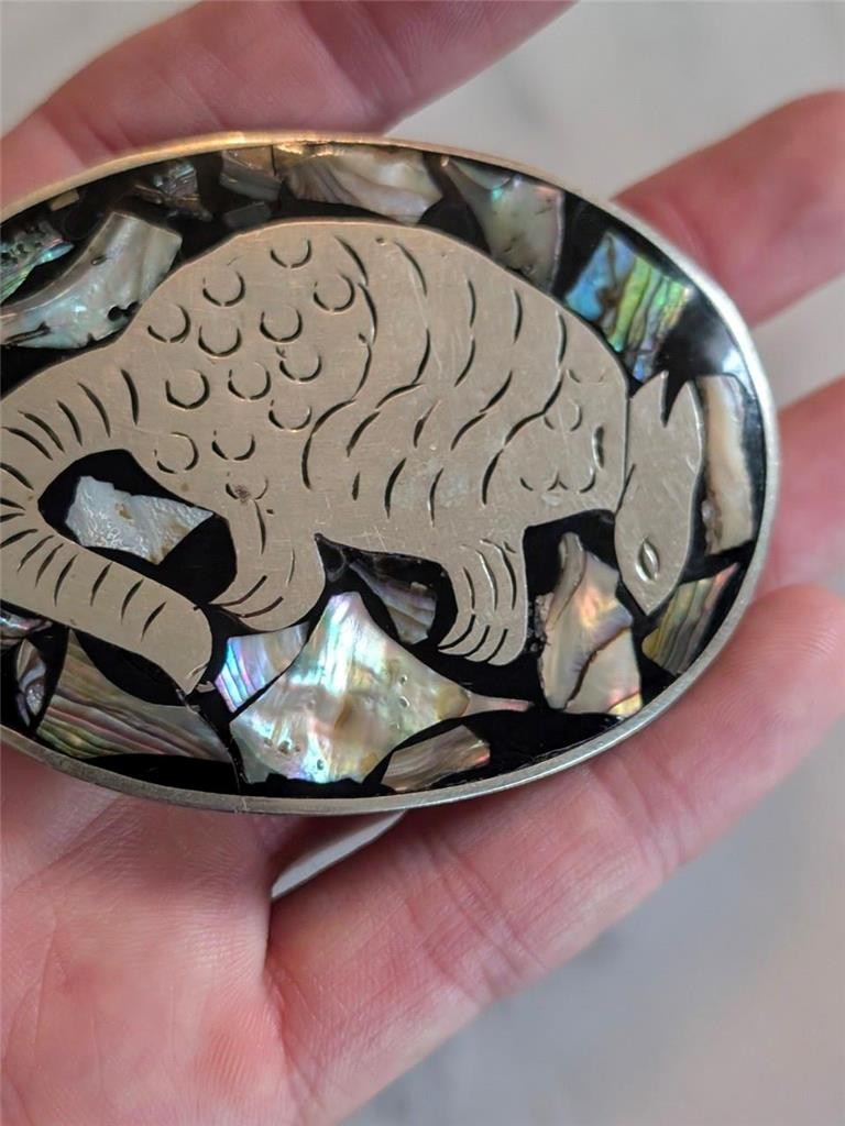 vintage HANDCRAFTED belt buckle ARMADILLO german silver ABALONE western nickel