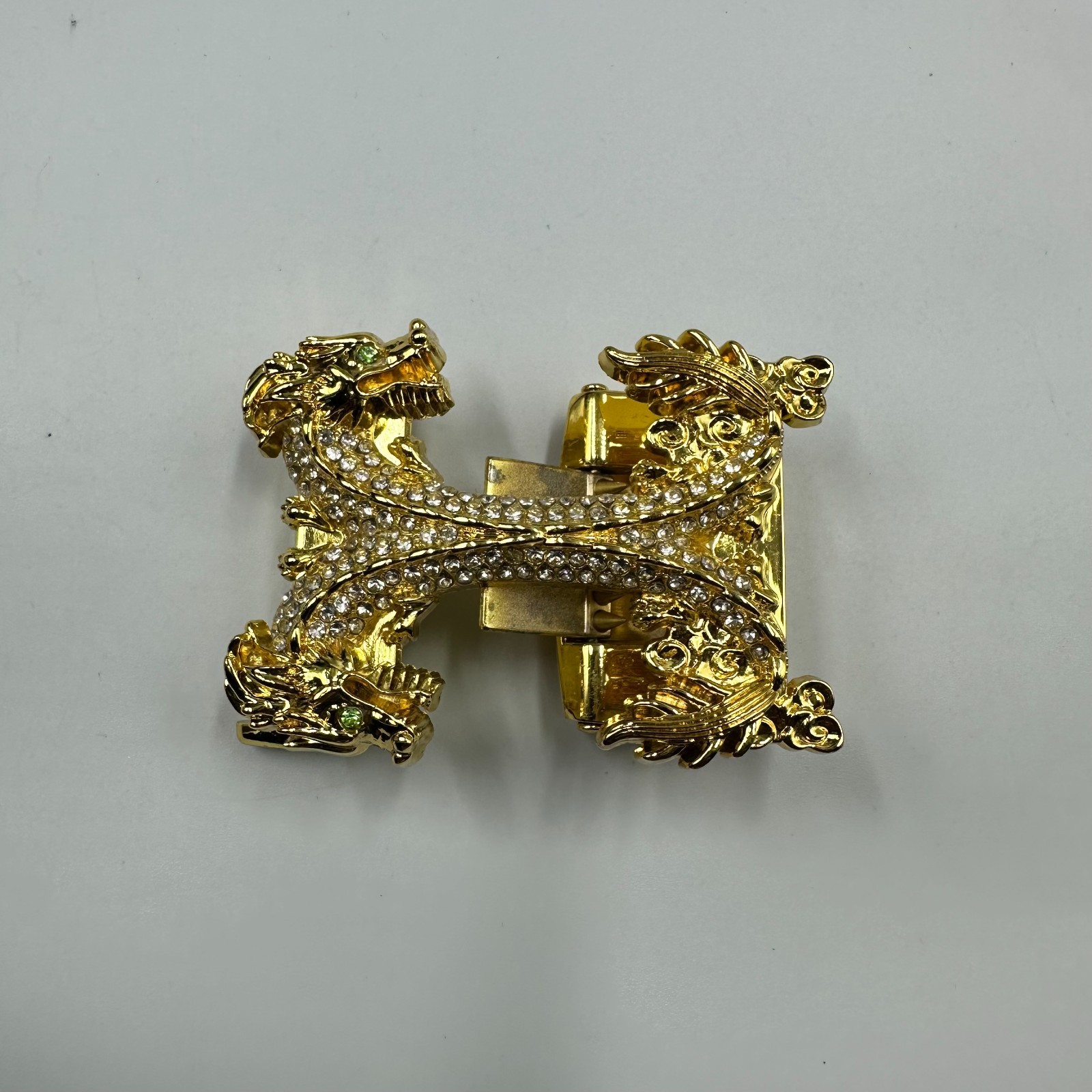 Double Dragon Rhinestone Ratchet Belt Buckle Gold Tone Automatic Slide