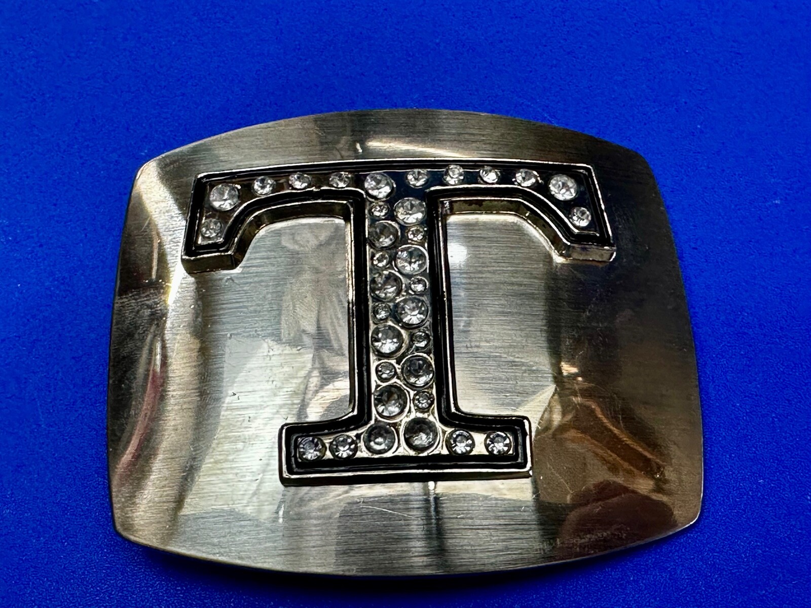 Letter Initial T – Silver color Vintage Belt Buckle – Missing Rhinestone?