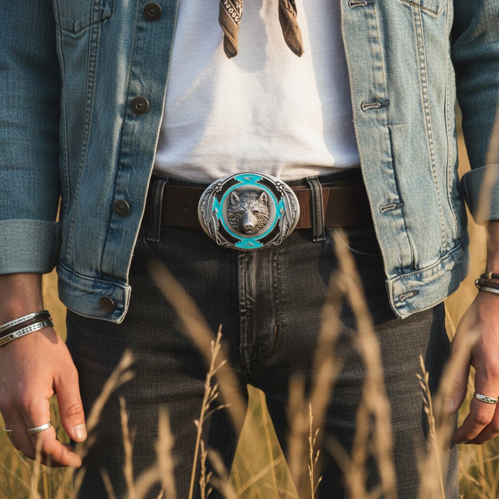 NEW Men Western Belt Buckle Silver Metal Bear Hunter Country Feather Black Blue