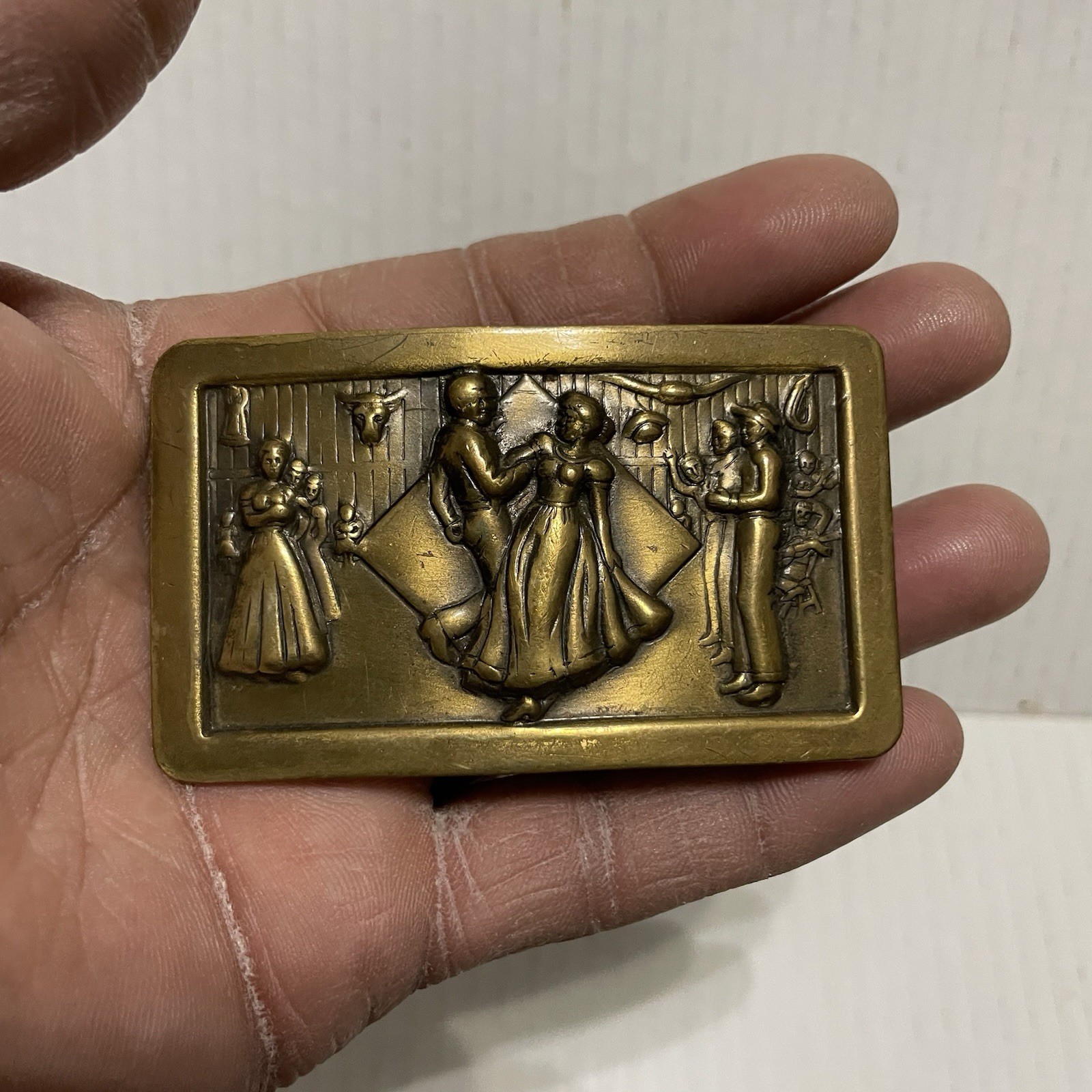 Vintage Western Square Dancing Belt Buckle Cowboy Solid Brass 3D Graphics Rodeo