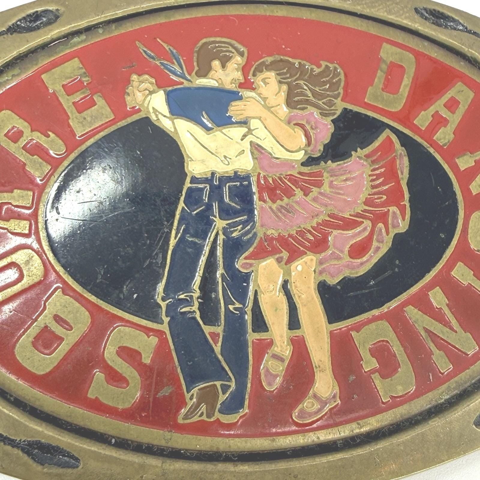 VINTAGE ADM SQUARE DANCING BELT BUCKLE RED ENAMEL Western
