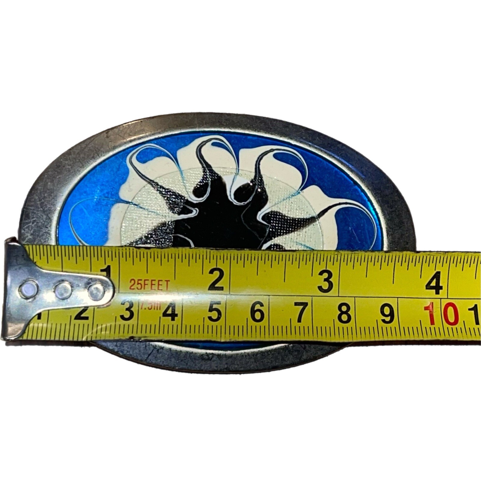 Blue Cream & Flower on Red Enamel Metal Belt Buckle Handmade