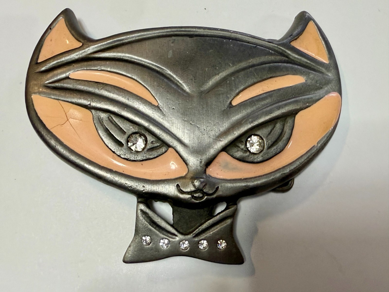 Cute Kitty Cat Head with Bowtie Clear Rhinestone Eye Belt Buckle by Heavy Metal