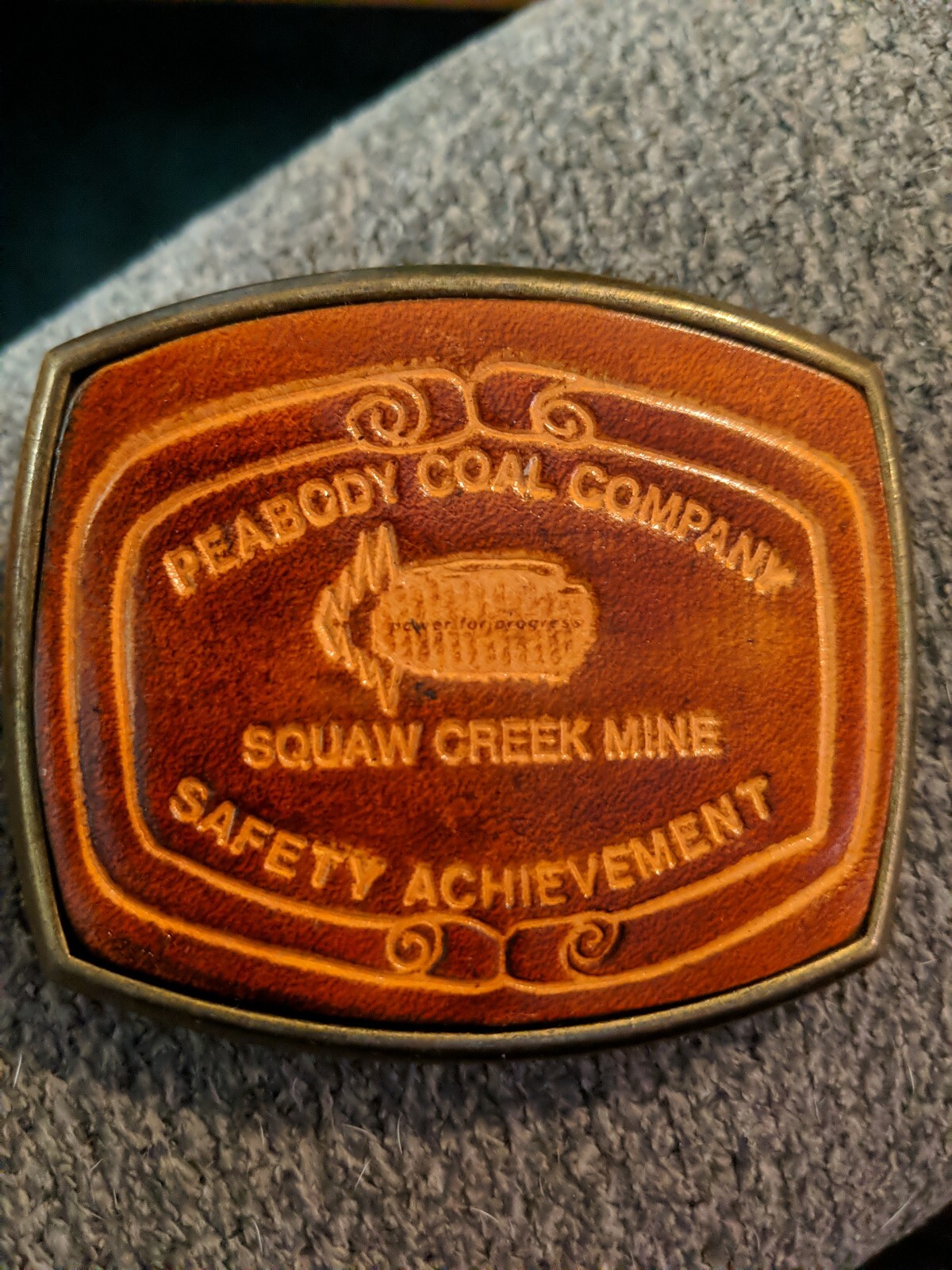 Vintage Peabody Coal Company Squaw Creek Mine Safety Award Leather Belt Buckle