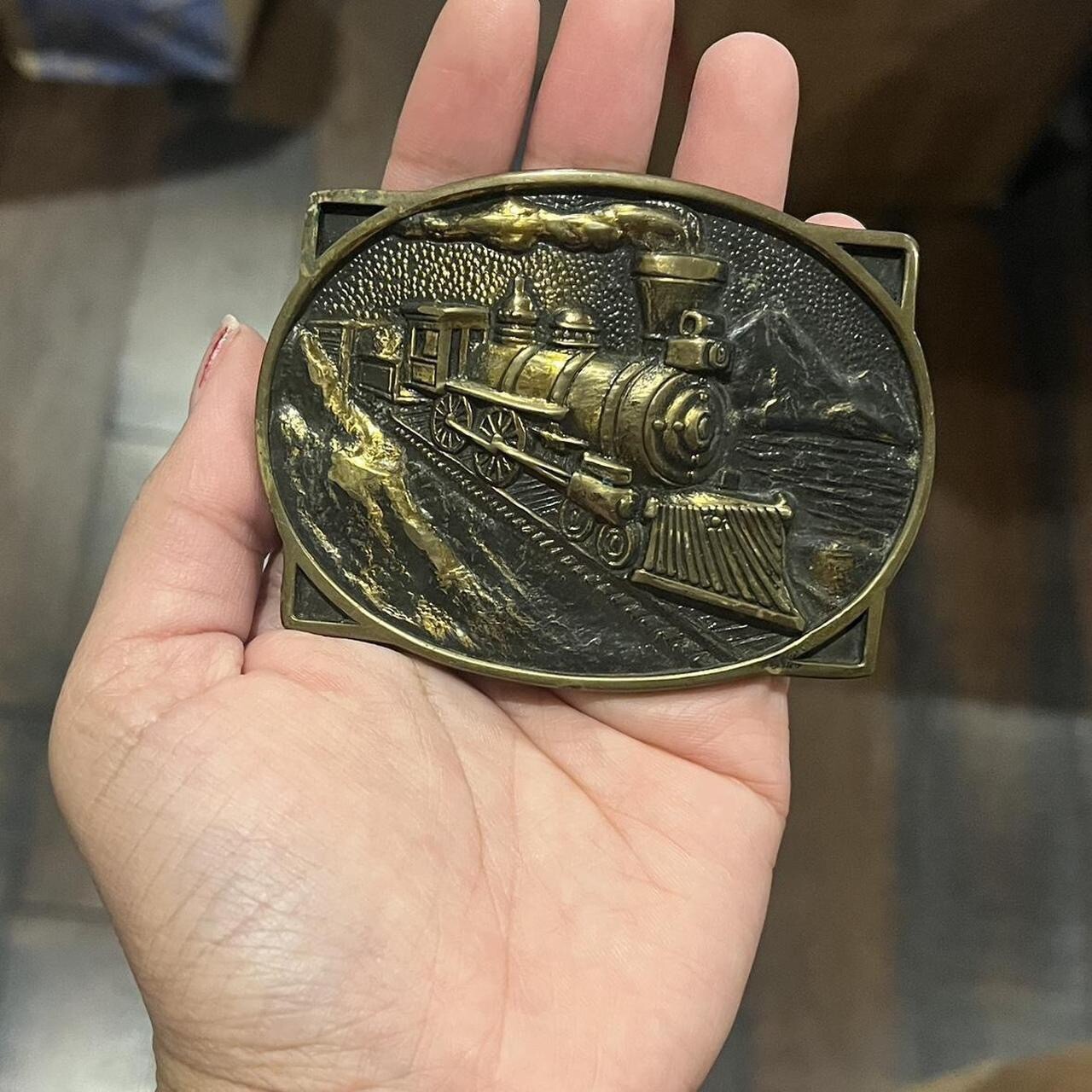 Steam Train Belt Buckle Railroad Locomotive Mens Western Vintage Brass
