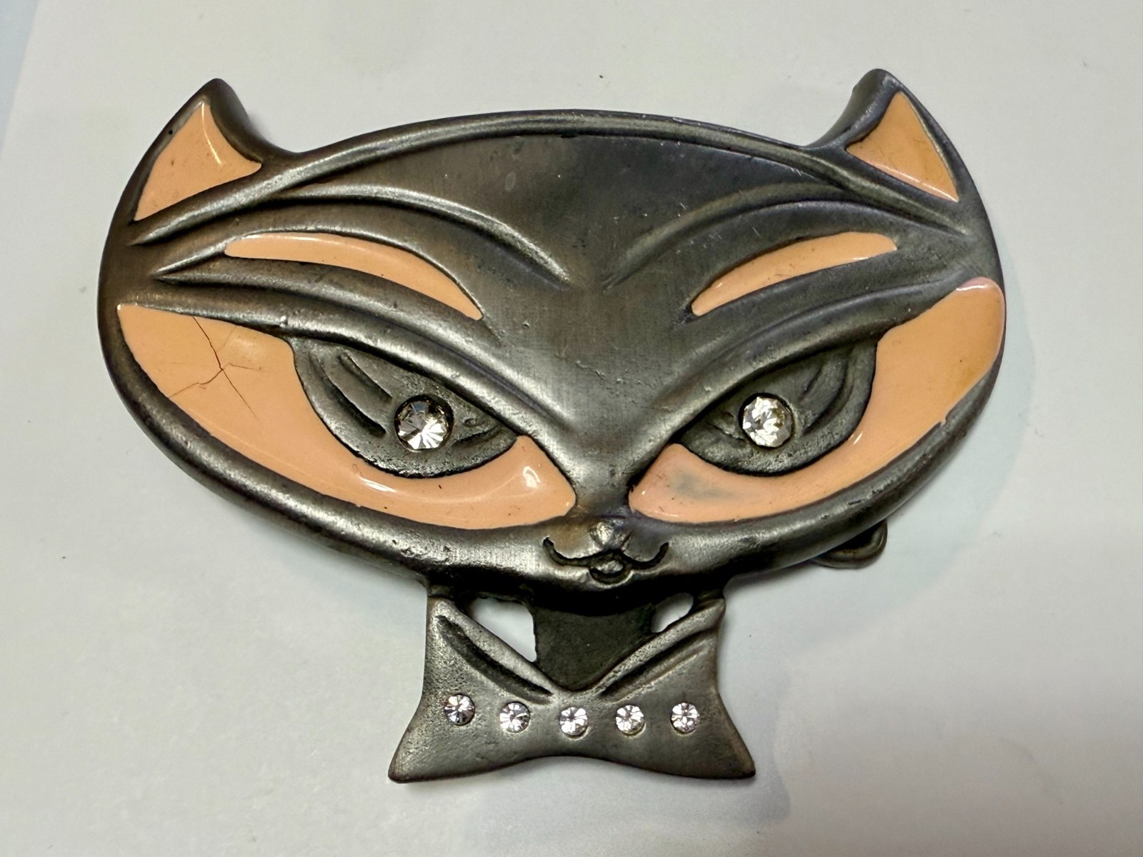 Cute Kitty Cat Head with Bowtie Clear Rhinestone Eye Belt Buckle by Heavy Metal