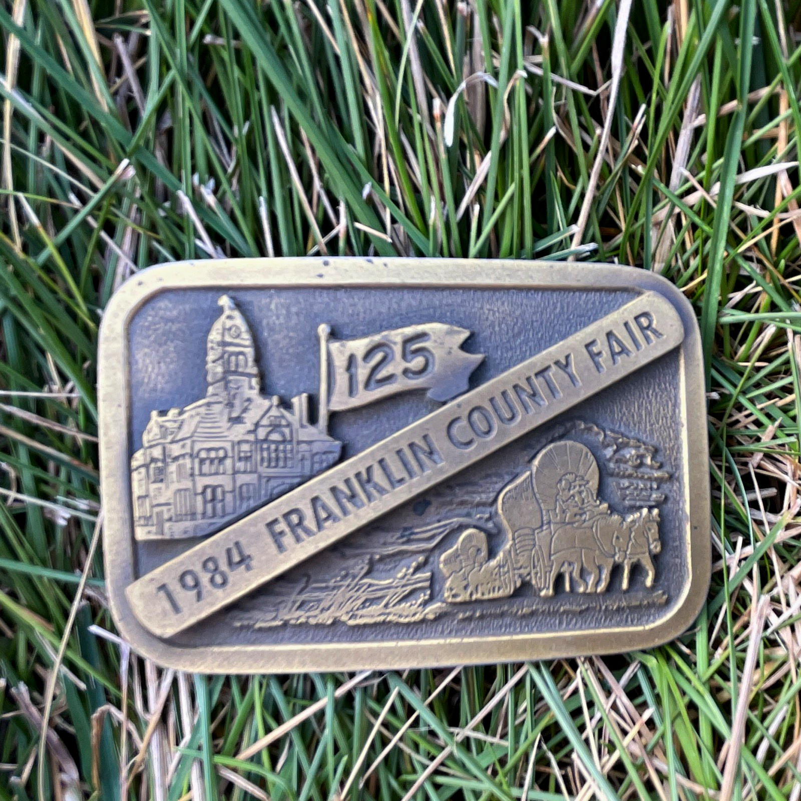 1984 Franklin County Fair 125th Anniversary Metal vintage Western Belt Buckle