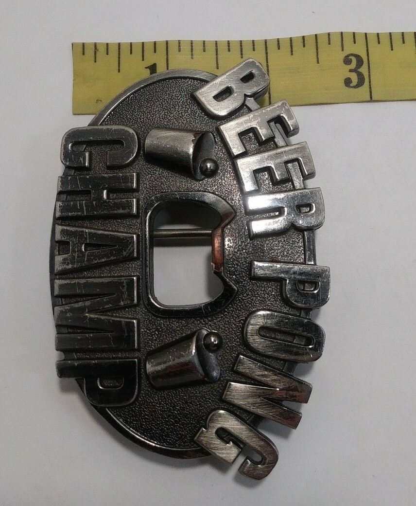 Beer Pong Champ Belt Buckle Bottle Opener Heavy Silvertone Metal Cup Ball Design