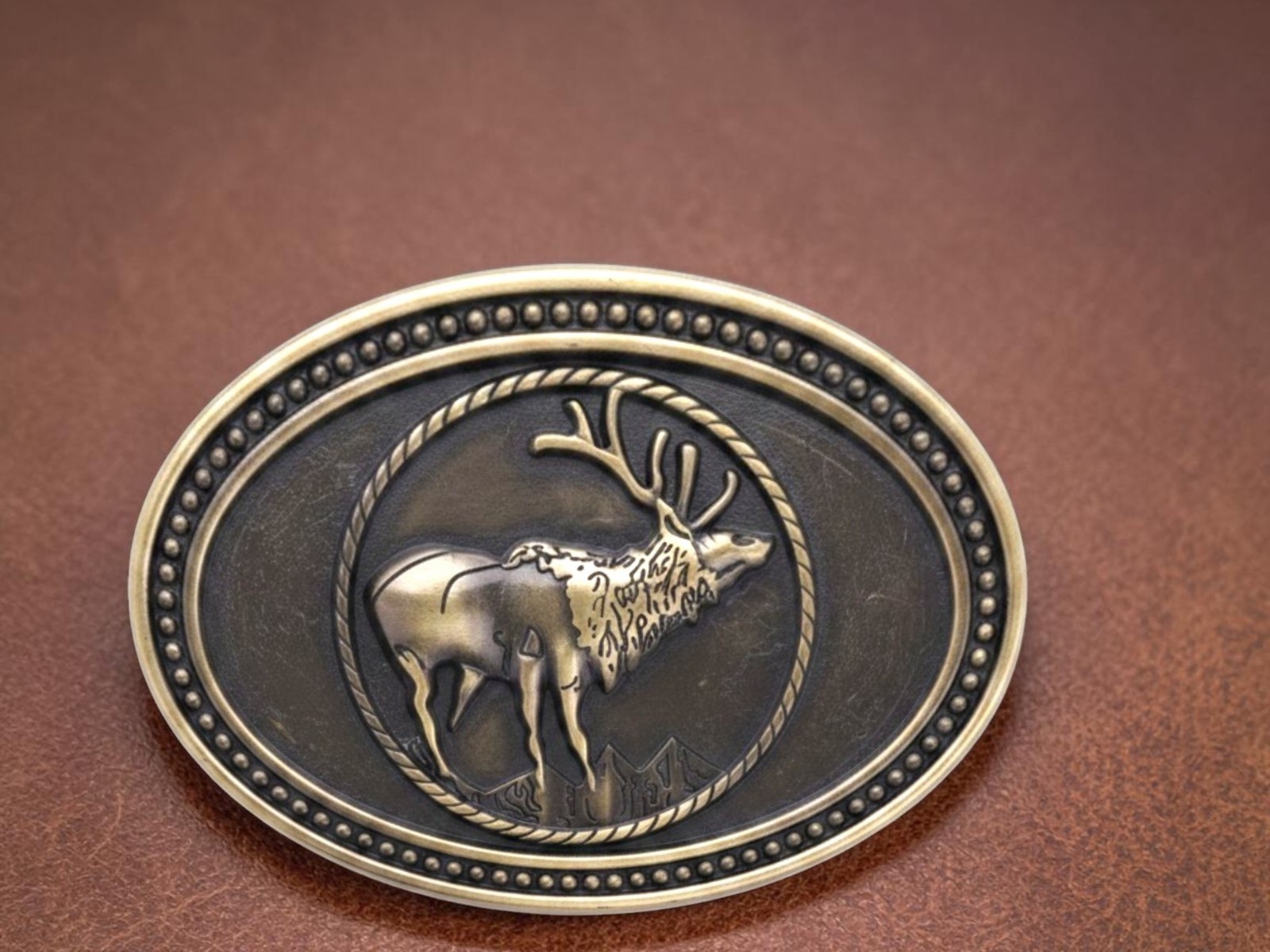 Western Belt Buckle With Handmade Leather Strap| Elk Deer Design – Rodeo Buckle