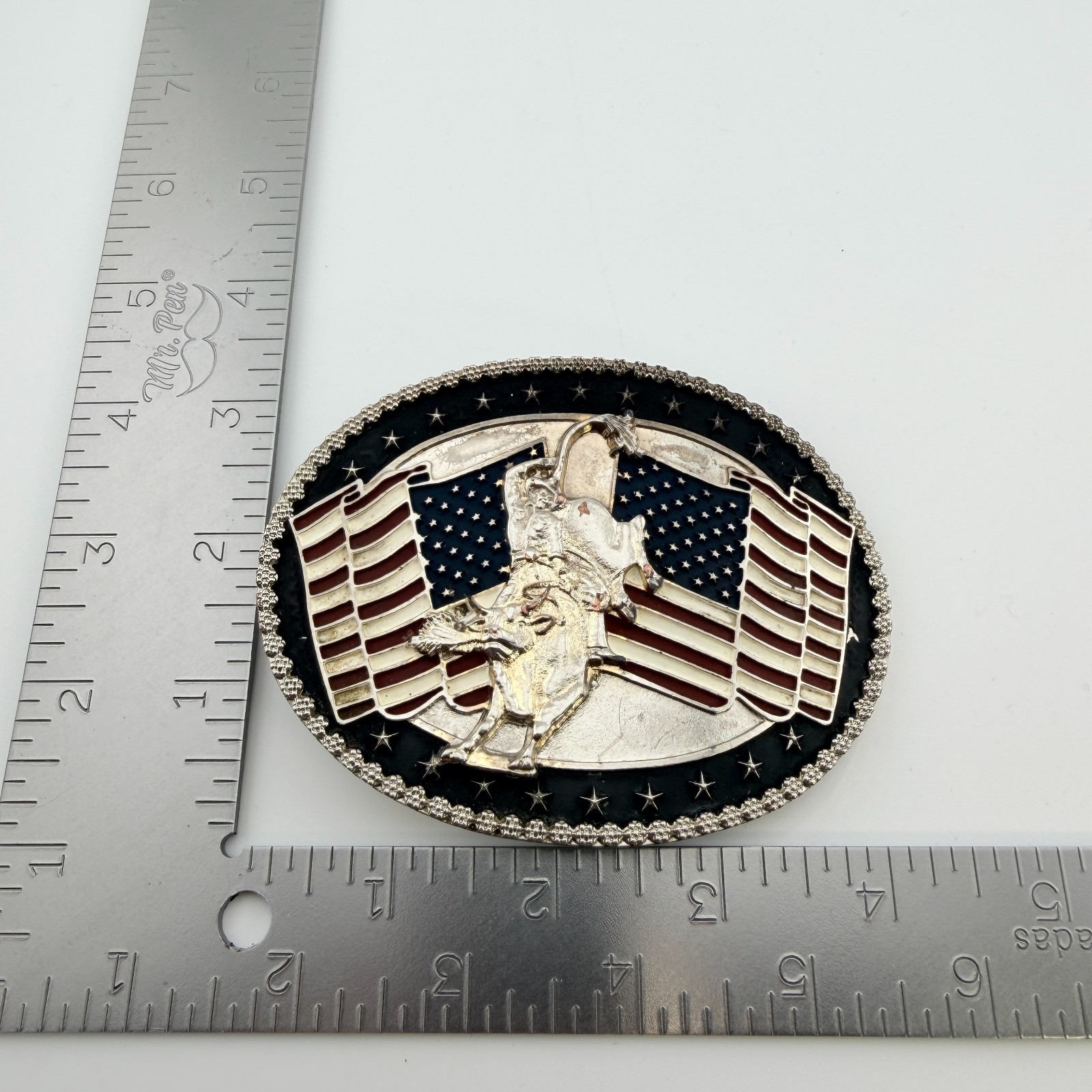 Bull Rider USA Rodeo Cowboy AMERICAN FLAG Silver Tone Belt Buckle