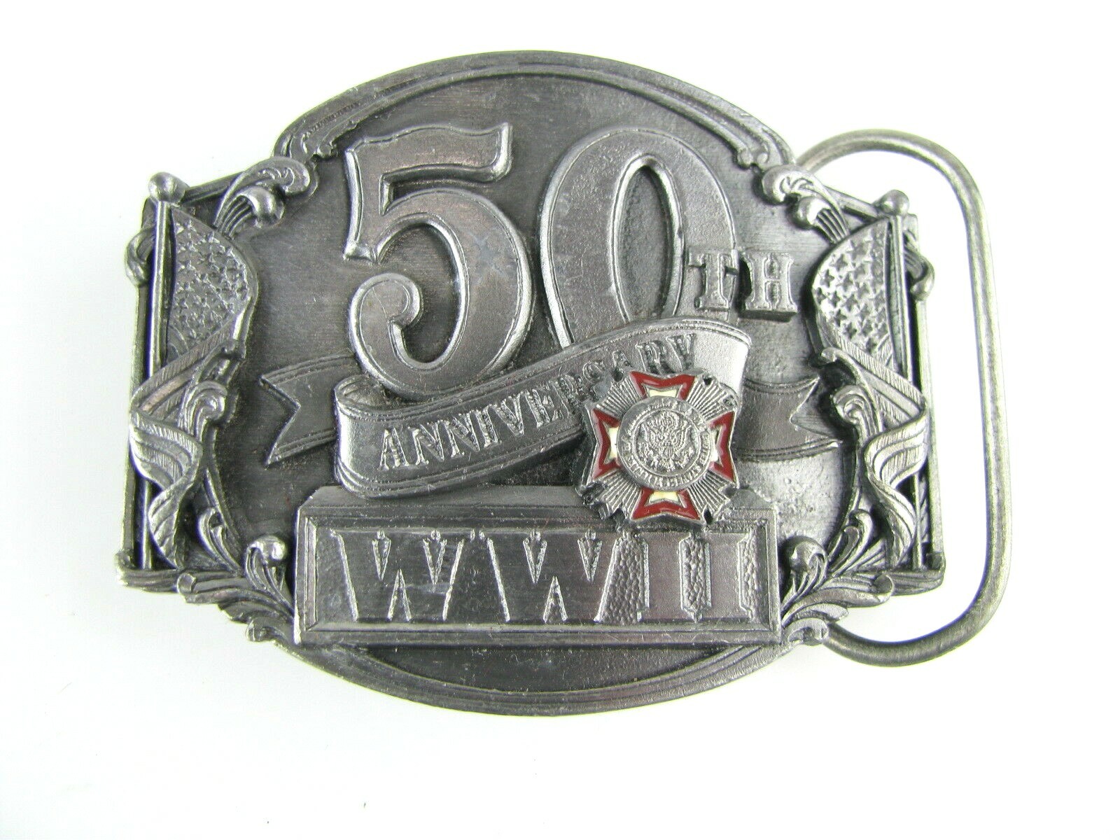WWII 50th Anniversary Belt Buckle Siskiyou Enamel Pewter #910882 Military 1991