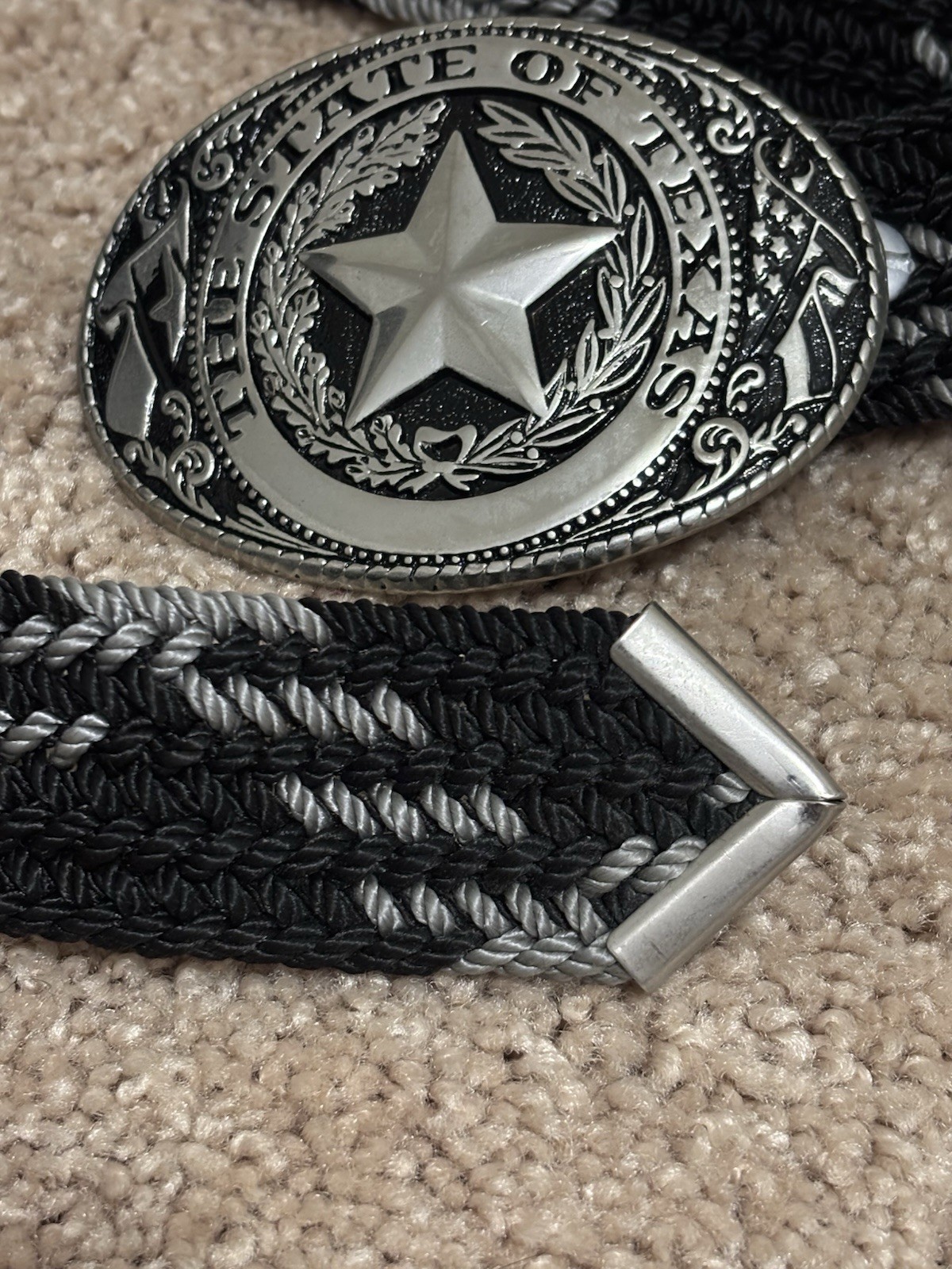 Men&rsquo;s Black And Grey Nylon Belt Silvertone State Of Texas Belt Buckle Western US