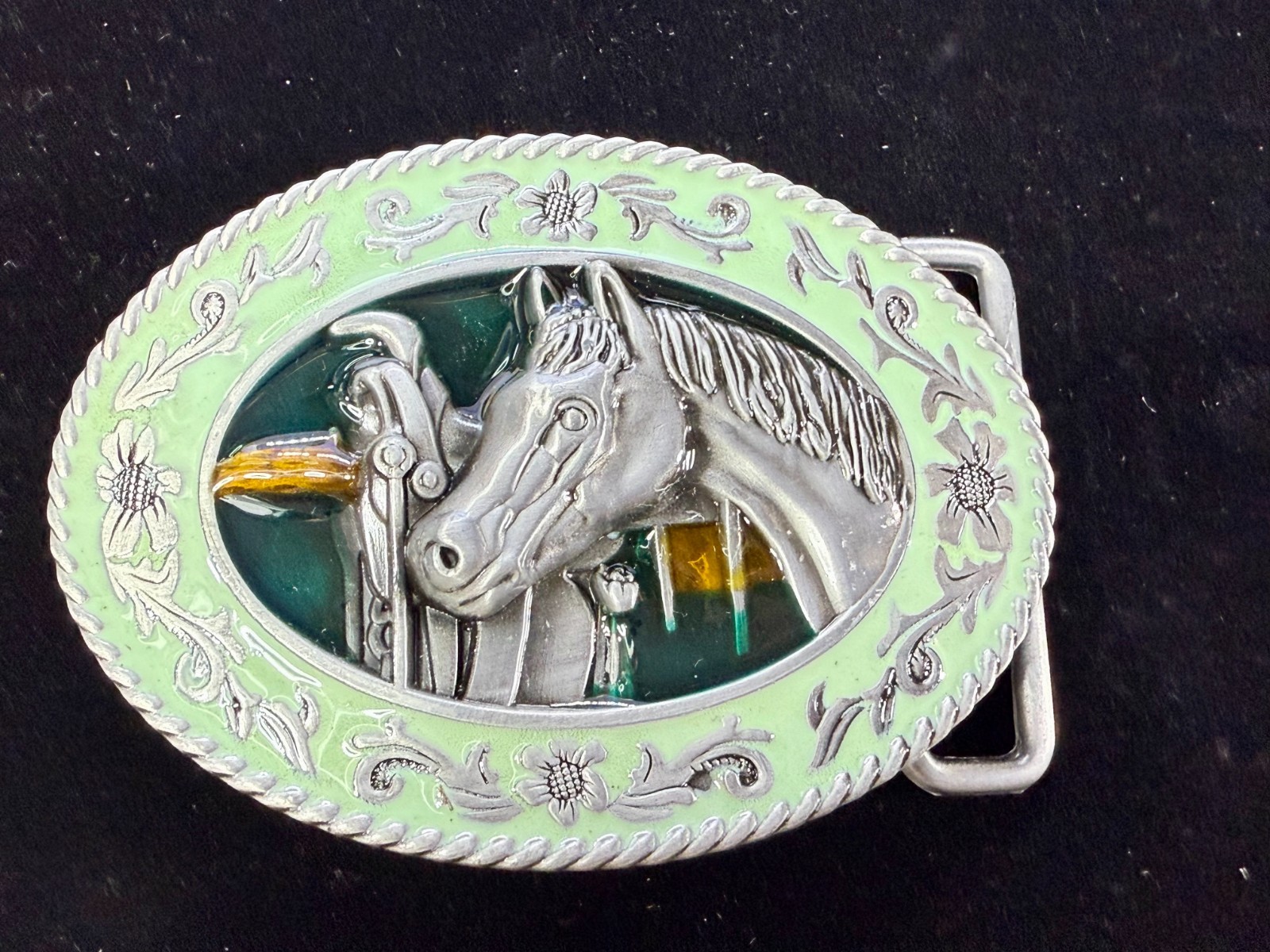 Horse Head and Saddle Enamel Rodeo Cowboys Cowgirls Dimensional Belt Buckle