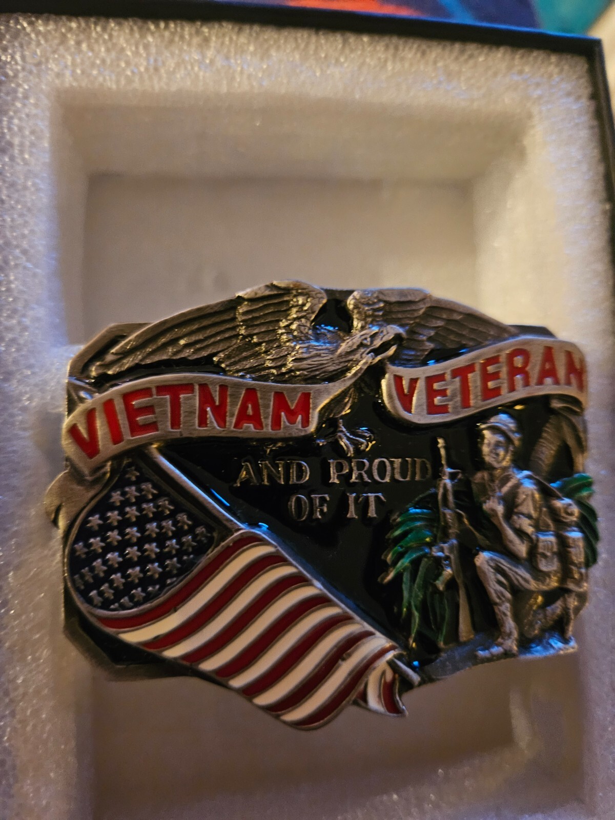 VTG Vietnam Veteran And Proud Of It Belt Buckle Enamel Great American Buckle Co