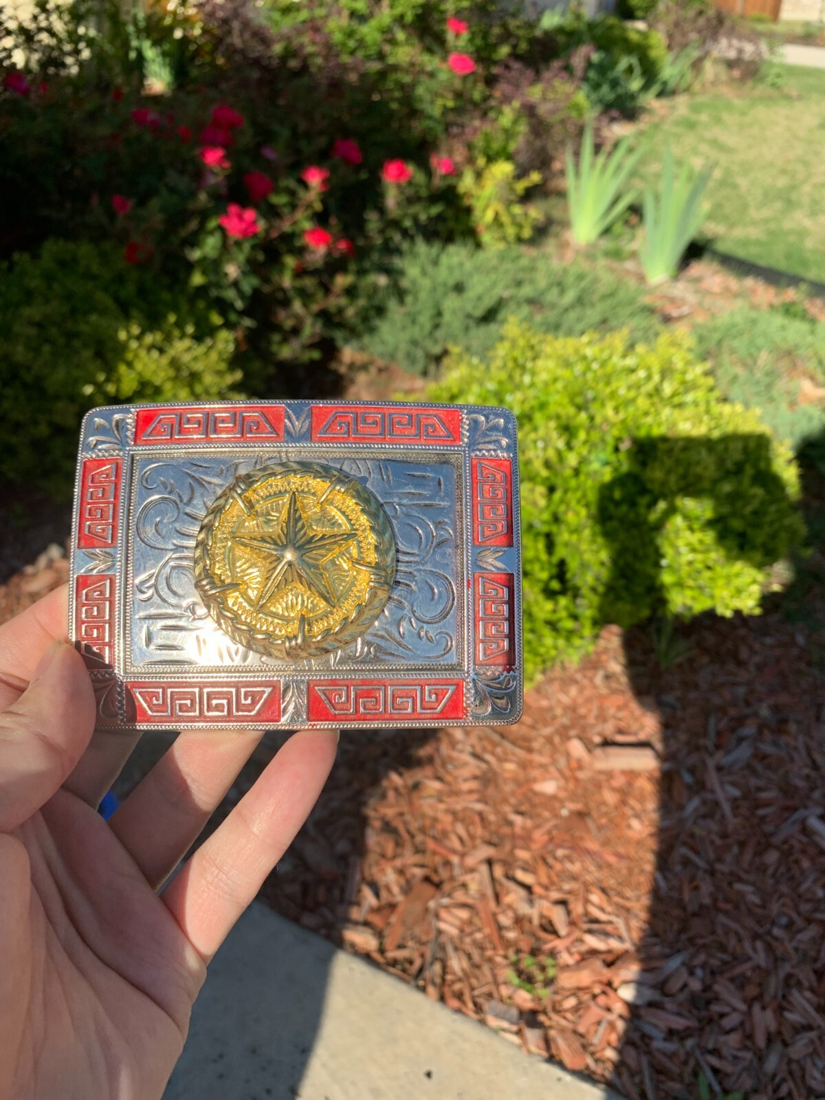 Western Buckle Gold Red Silver Texas Lone Star Cowboy 2 » Buckle Hebilla Vaquero