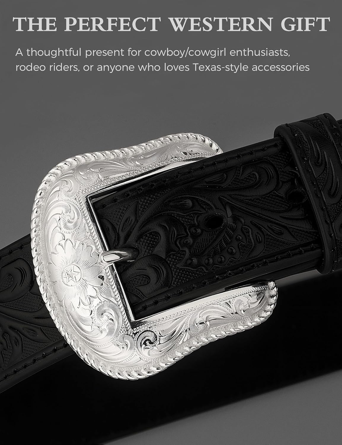 Western Belt Buckle for Men & Women – Silver Cowboy Buckle, Engraved Floral Desi