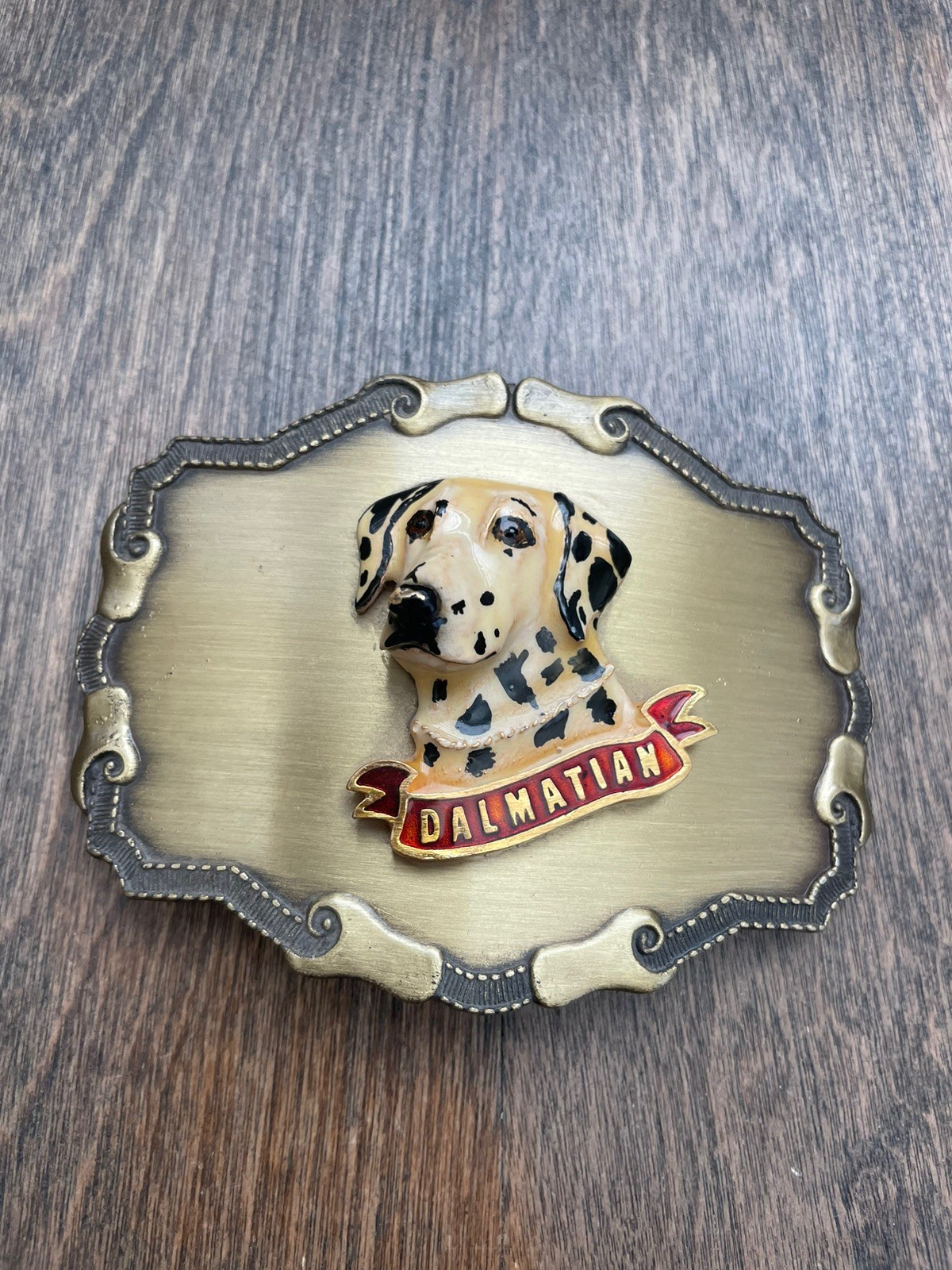 Vintage Raintree Belt Buckle Metal Or Brass 3D Enamel Dalmatian Dog Made USA