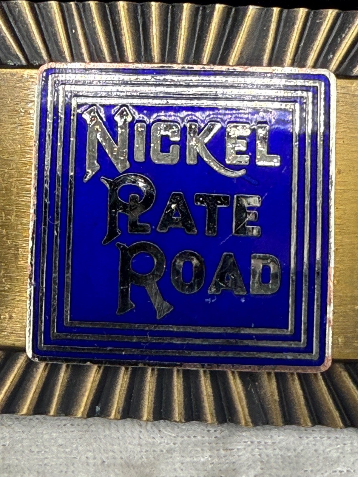 Vintage Nickel Rate Road Gold Tone Buckle Enamel Railroad