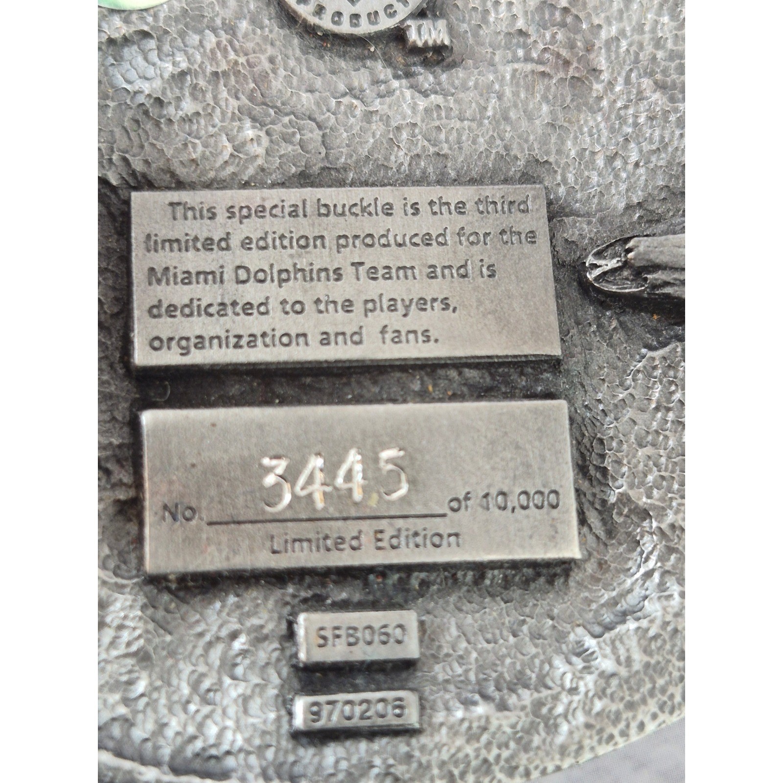 Vintage 1997 Miami Dolphins Siskiyou Belt Buckle Limited Edition NFL No 3445