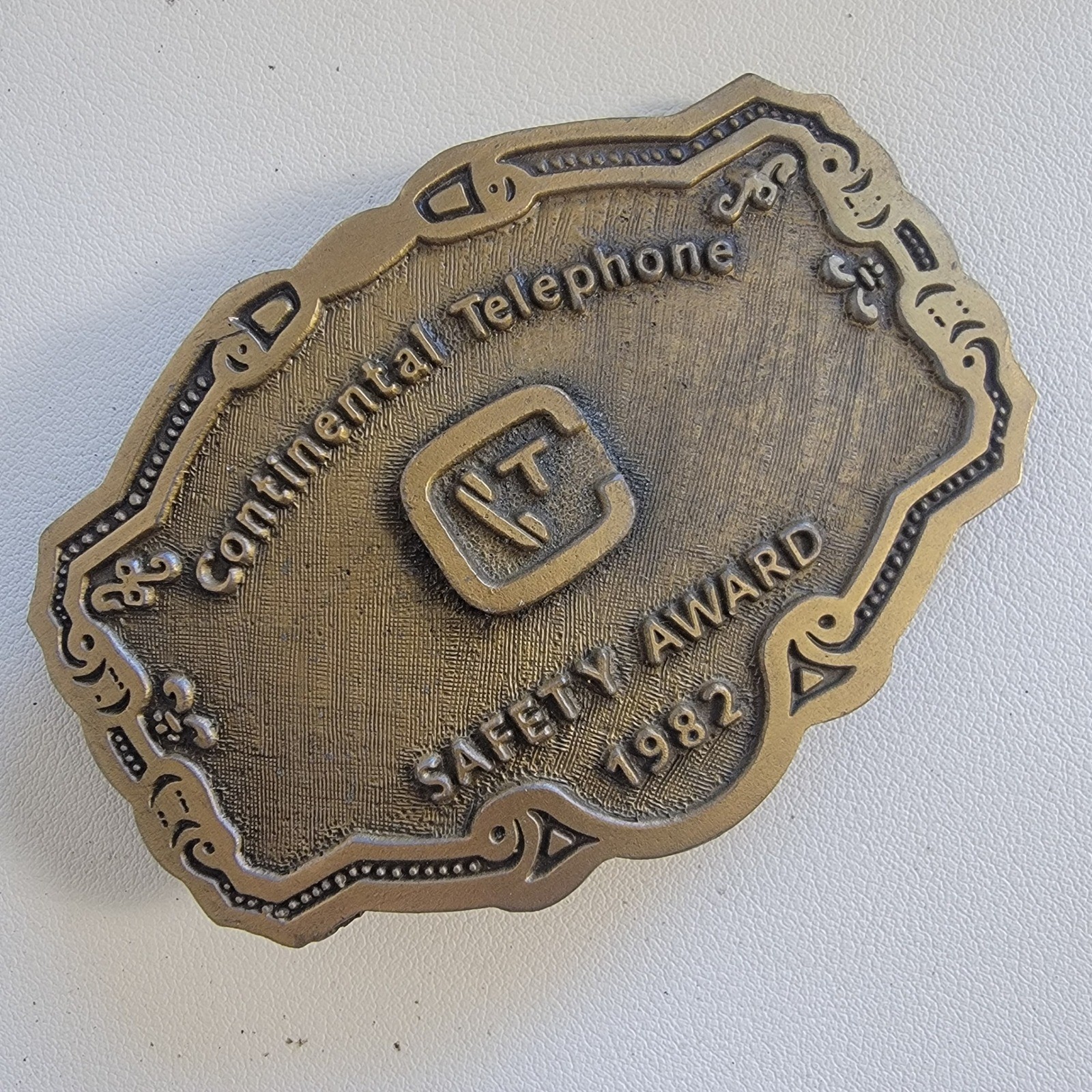 Vntg Brass Belt Buckle Continental Telephone Safety Award 1982 Mens Collectible