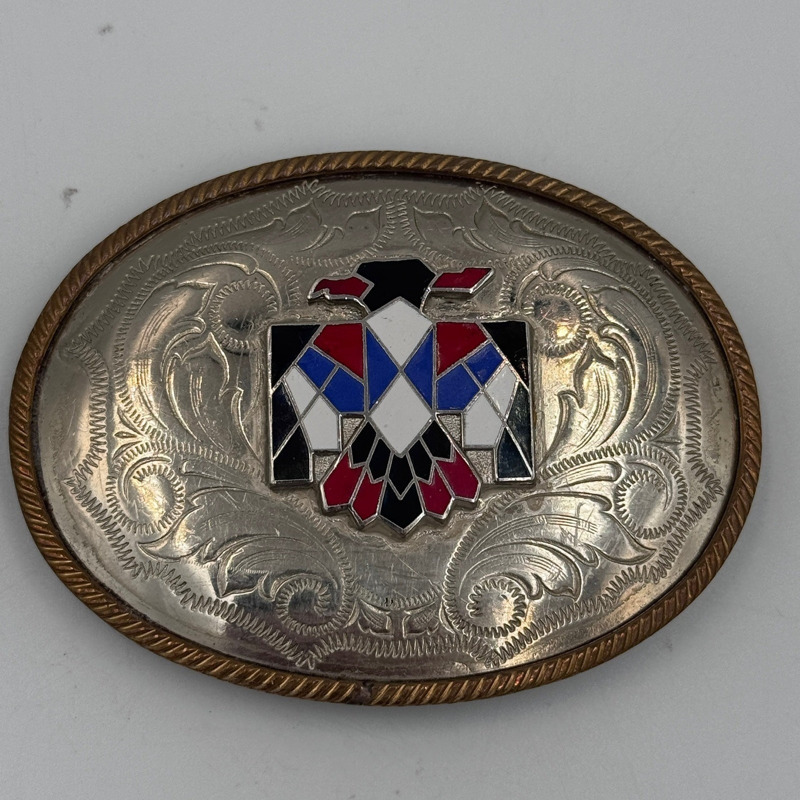Vintage German Silver Thunderbird Belt Buckle Western Enamel Floral Engraved