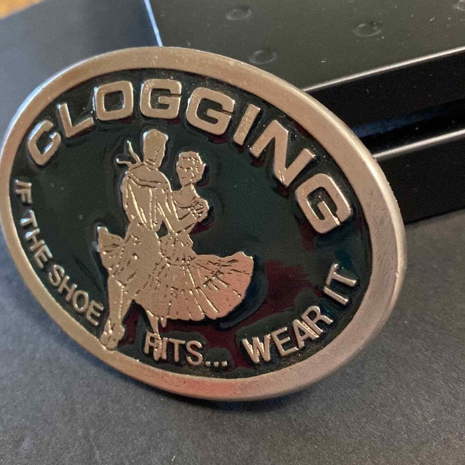 Vintage VTG Clogging Square Dancing Pewter Green Enamel Belt Buckle