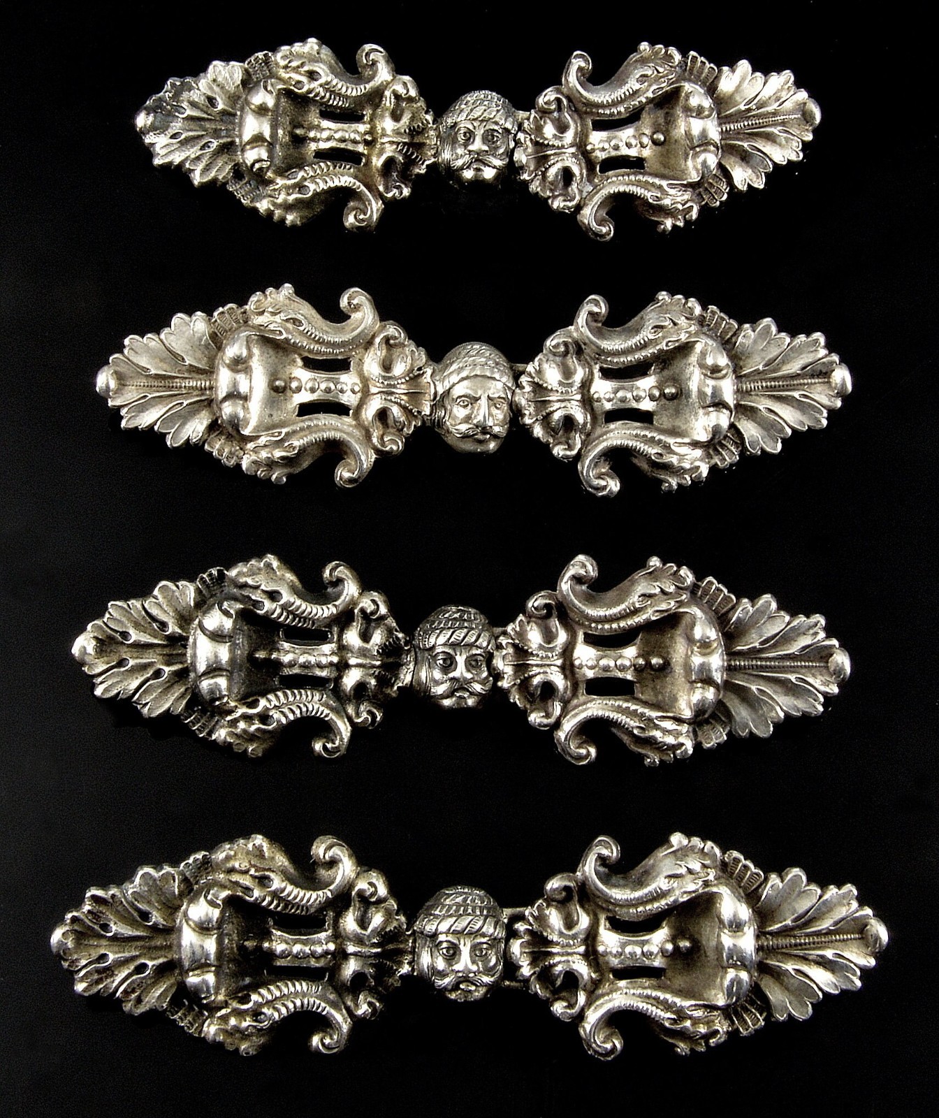 ANTIQUE AUSTRO-HUNGARIAN HERMANN RATZERSDORFER SET OF 4 SILVER CAPE BUCKLES