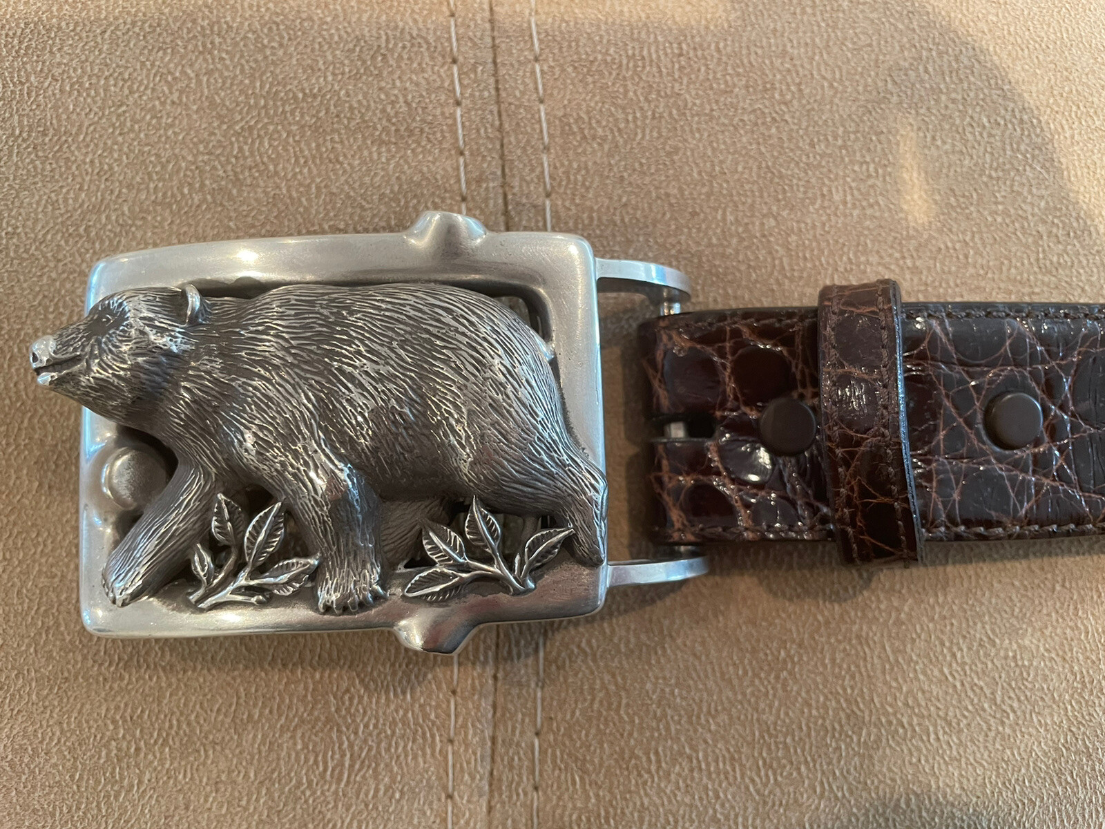 HUGE Kieselstein Sterling Grizzly Bear Buckle W/ Brown Alligator Belt Size 9