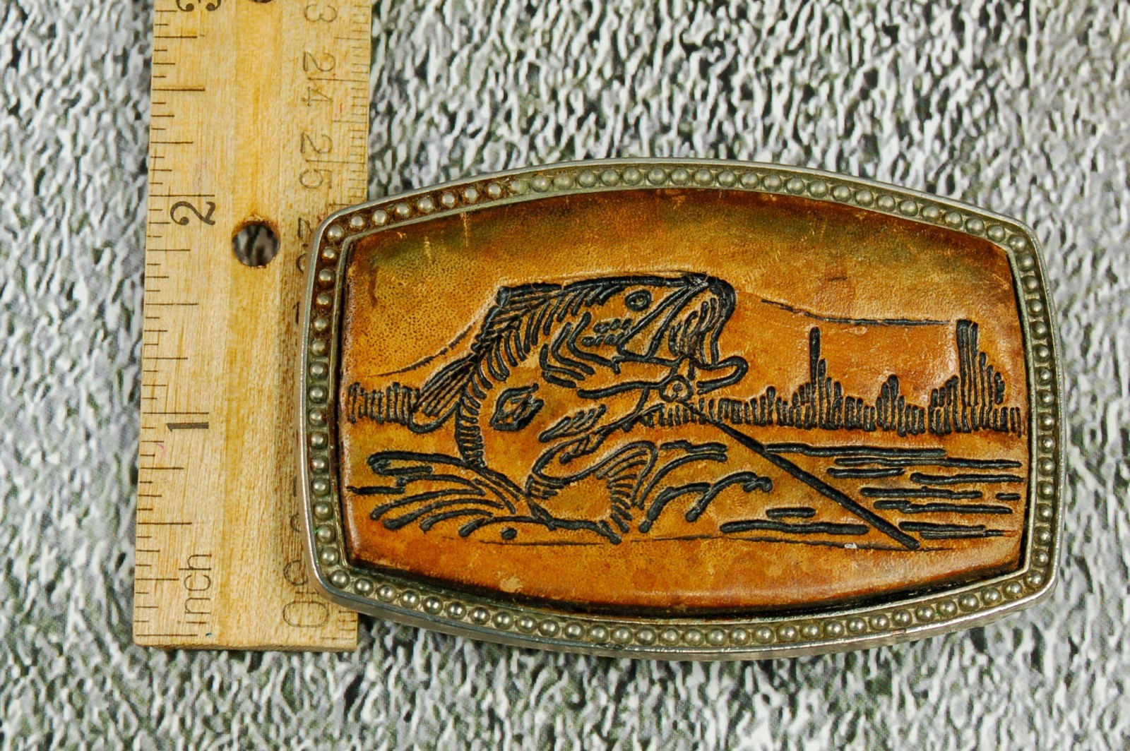 Bass Fishing vintage belt buckle western leather on metal Alumaline