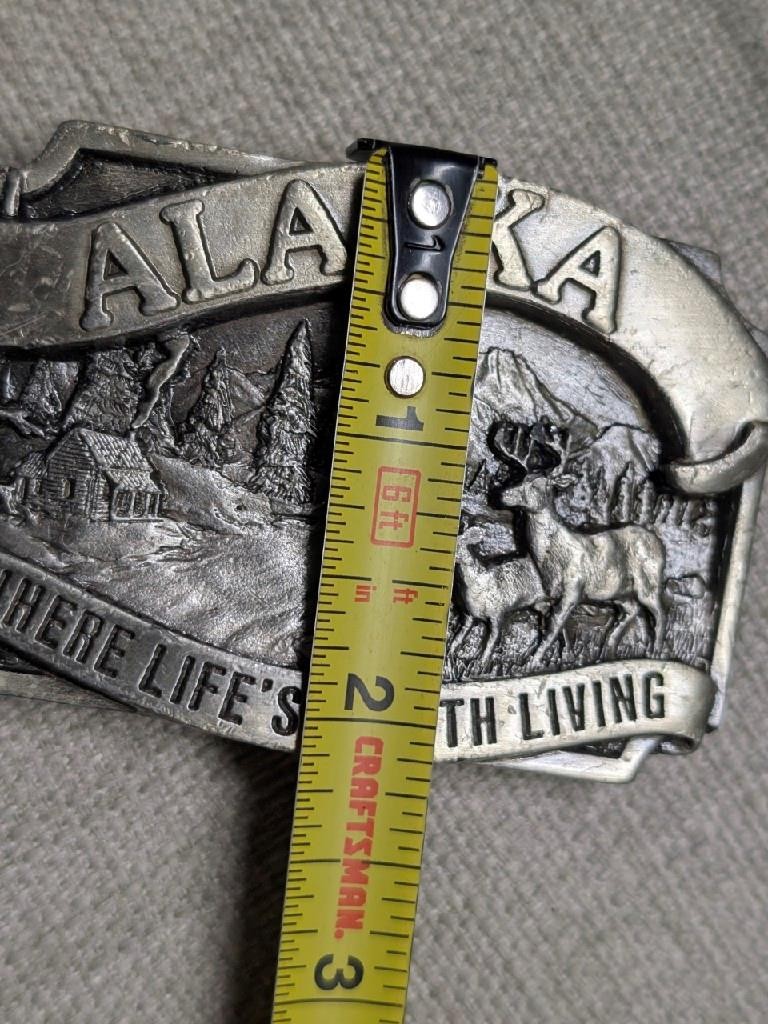 1980s vintage ALASKA belt buckle WESTERN pewter DEER where life if worth living