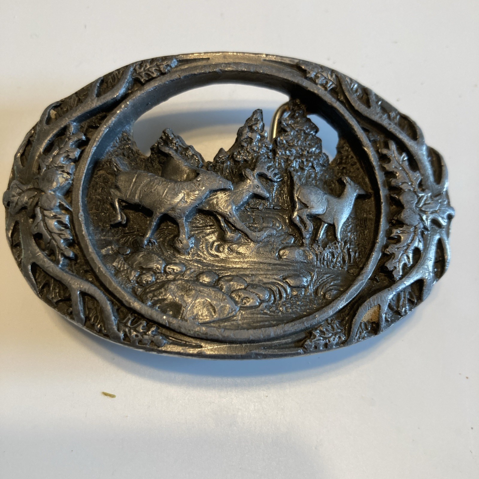 Set of 2 Vintage HEAVY PEWTER DEER SCENE AND ANTLER BELT BUCKLES MADE IN USA