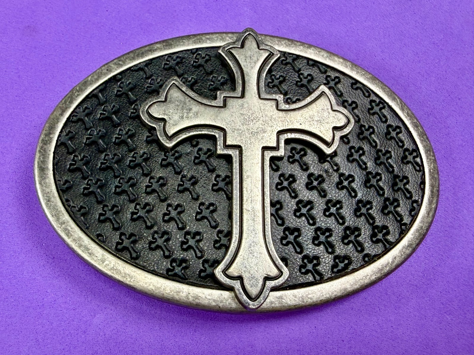 Centered Iron Cross Religious Gothic Punk Vibe Faux Leather on Metal Belt Buckle