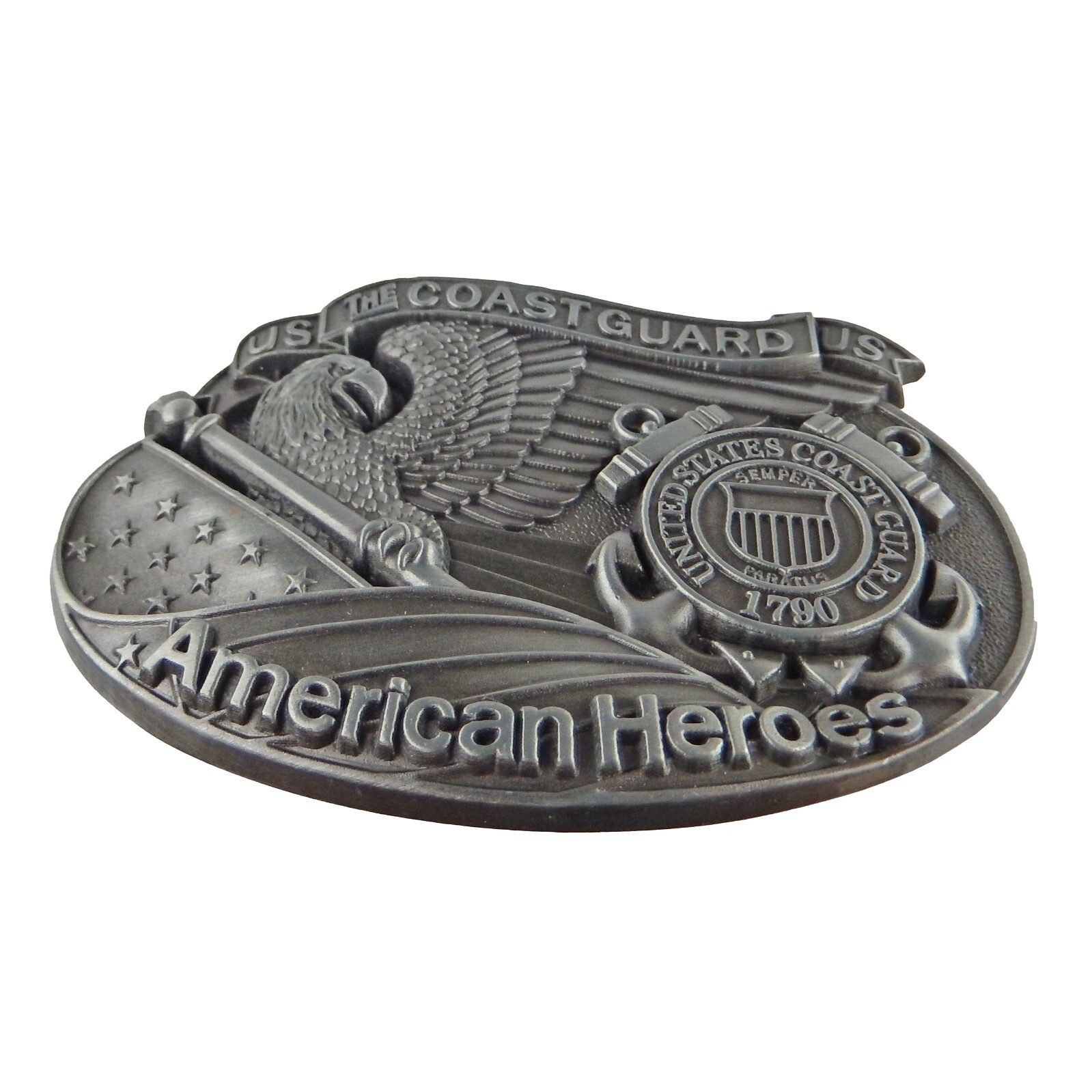 Coast Guard Belt Buckle American Eagle Flag Heroes Silver Tone Fits 1.5&Prime; Belts