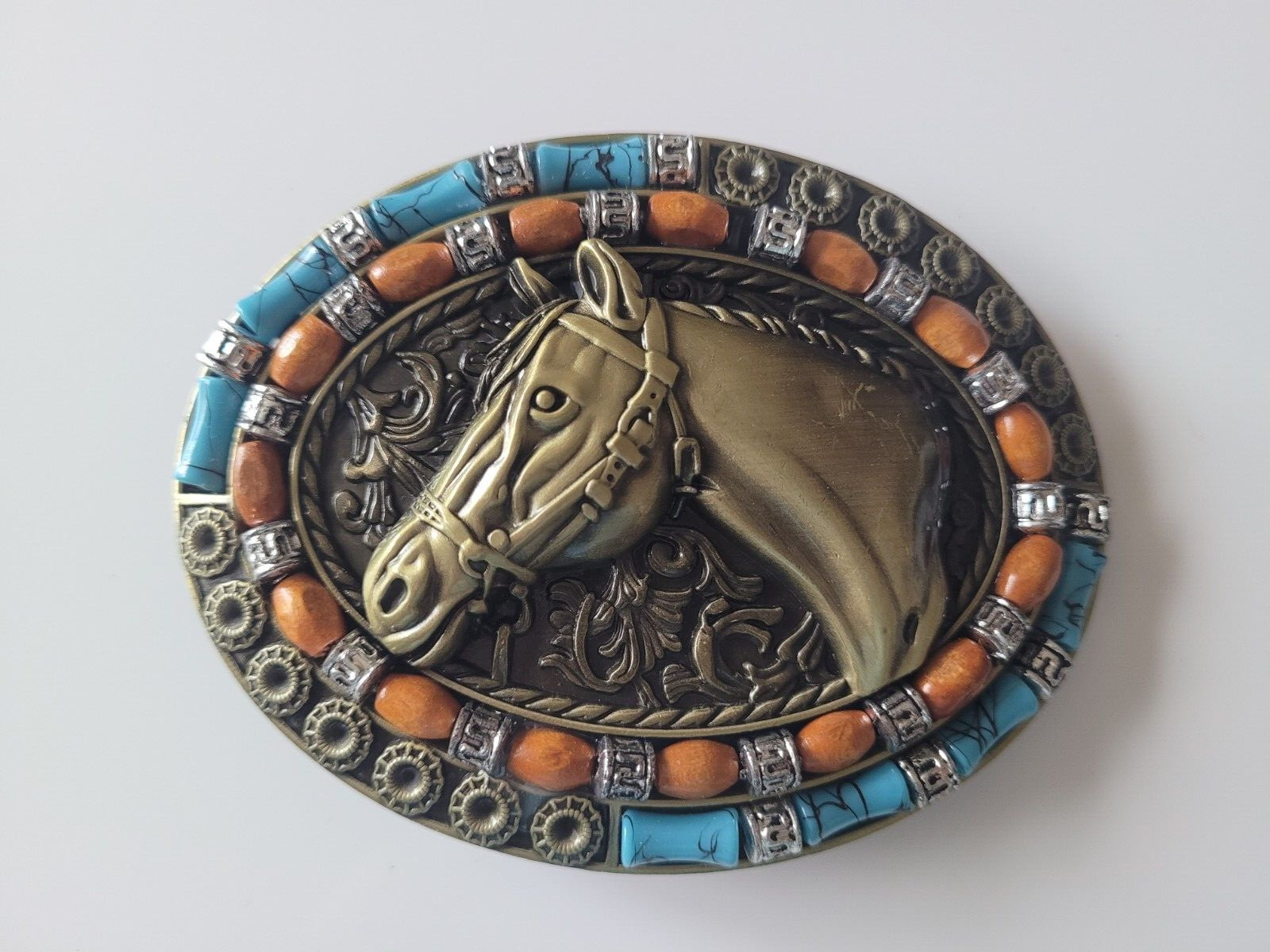 Brass Finish 4&Prime; Buckle Western Belt Buckle W/ Turquoise Stone Big Horse