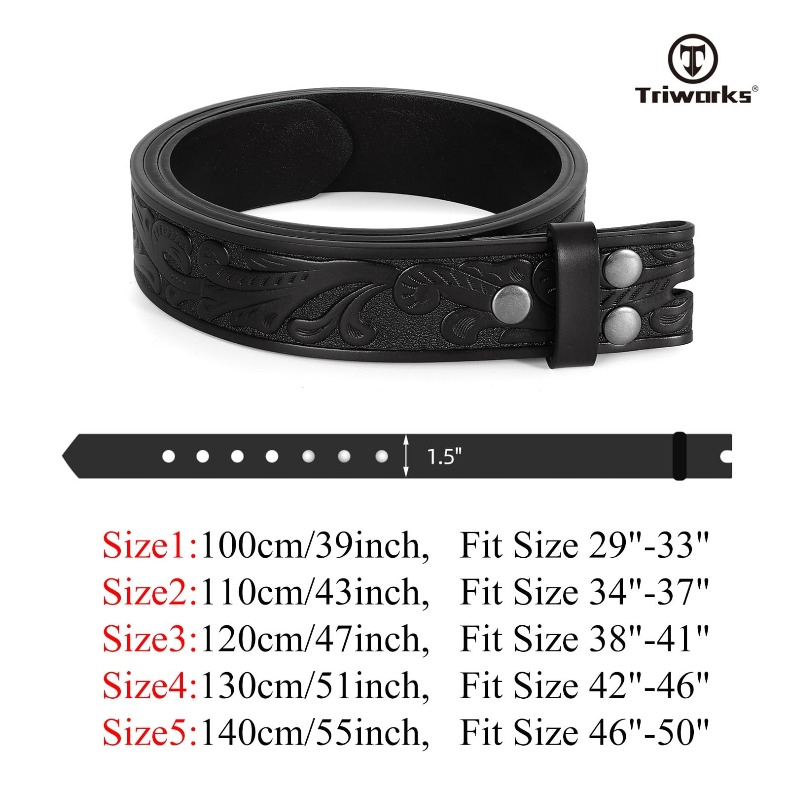 TRIWORKS Western Leather Belt Strap for Men without Fit Size 29&Prime;-33&Prime;, A-black