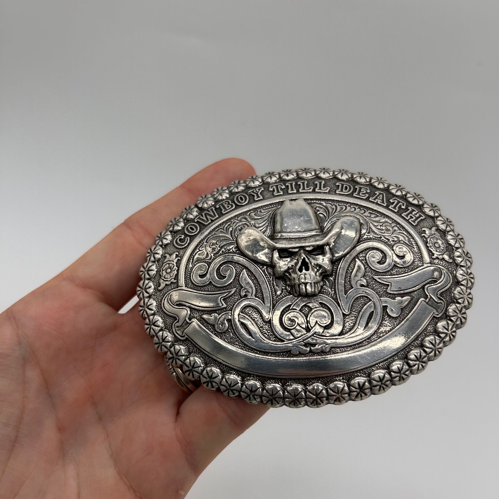 Cowboy Till Death Western Skull Belt Buckle Silver Tone Crumrine Floral Men&rsquo;s