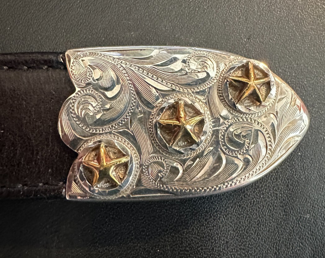 Sterling Silver 3-Piece Engraved Bronco Buckle Set 1” Belt. UNMARKED GARCIA