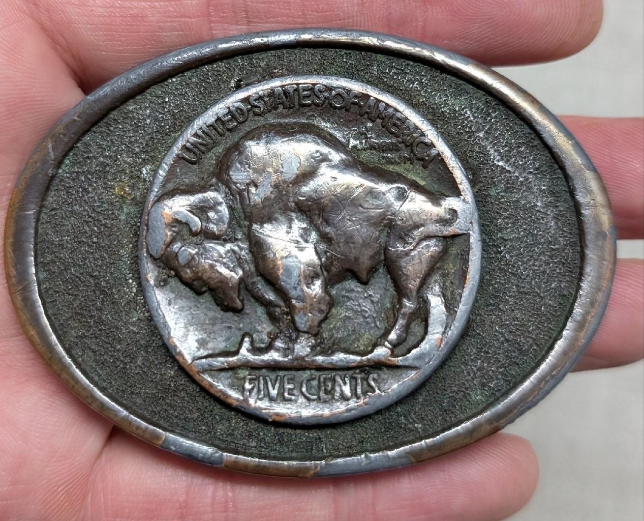 1970s vintage BUFFALO NICKEL belt buckle BRONZE heavy brass WESTERN cowboy