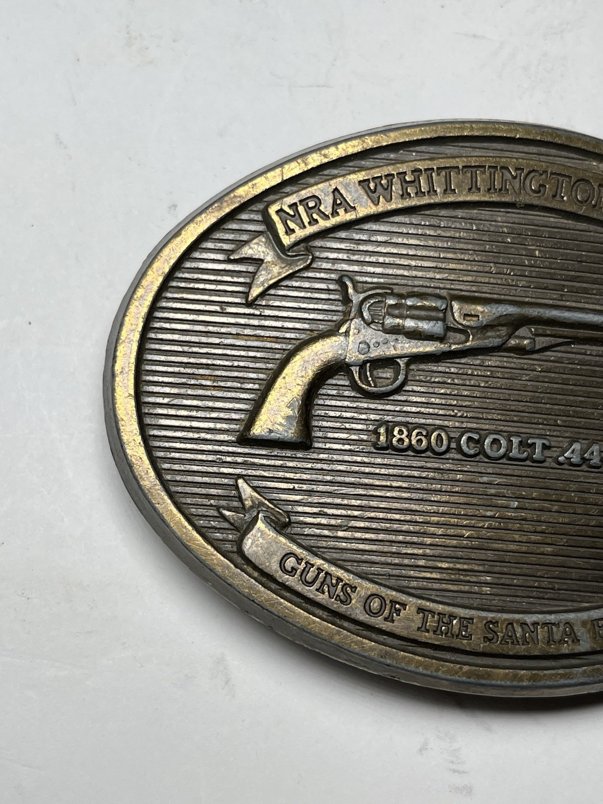 NRA Whittington Center Brass Belt Buckle Santa Fe Trail 1860 Colt 44 Revolver 3”