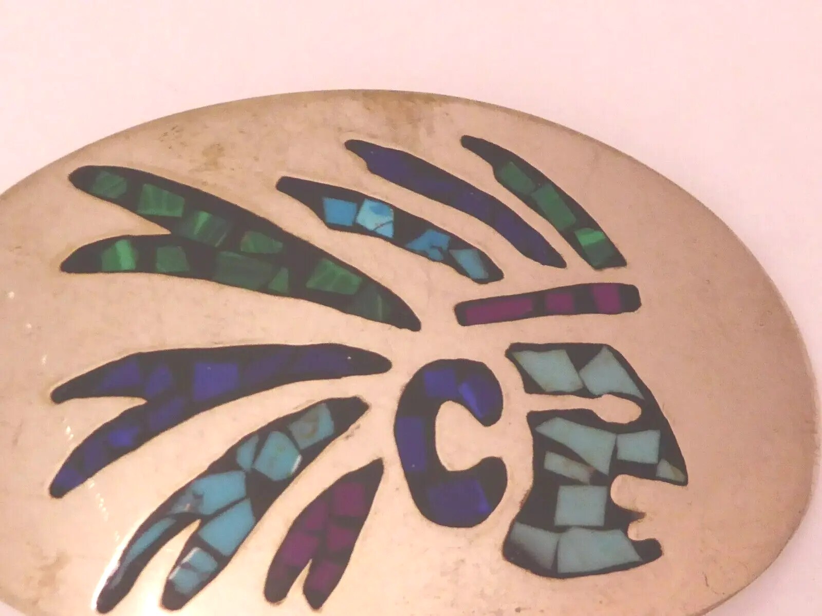 Native American Headdress Belt Buckle Turquoise Coral Inlay Mexico Vintage