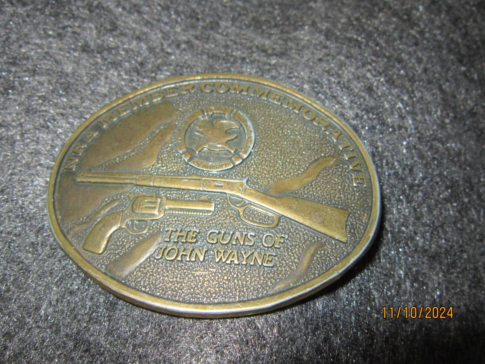Vintage Brass Belt Buckle NRA MEMBER COMMEMORATIVE The Guns of John Wayne