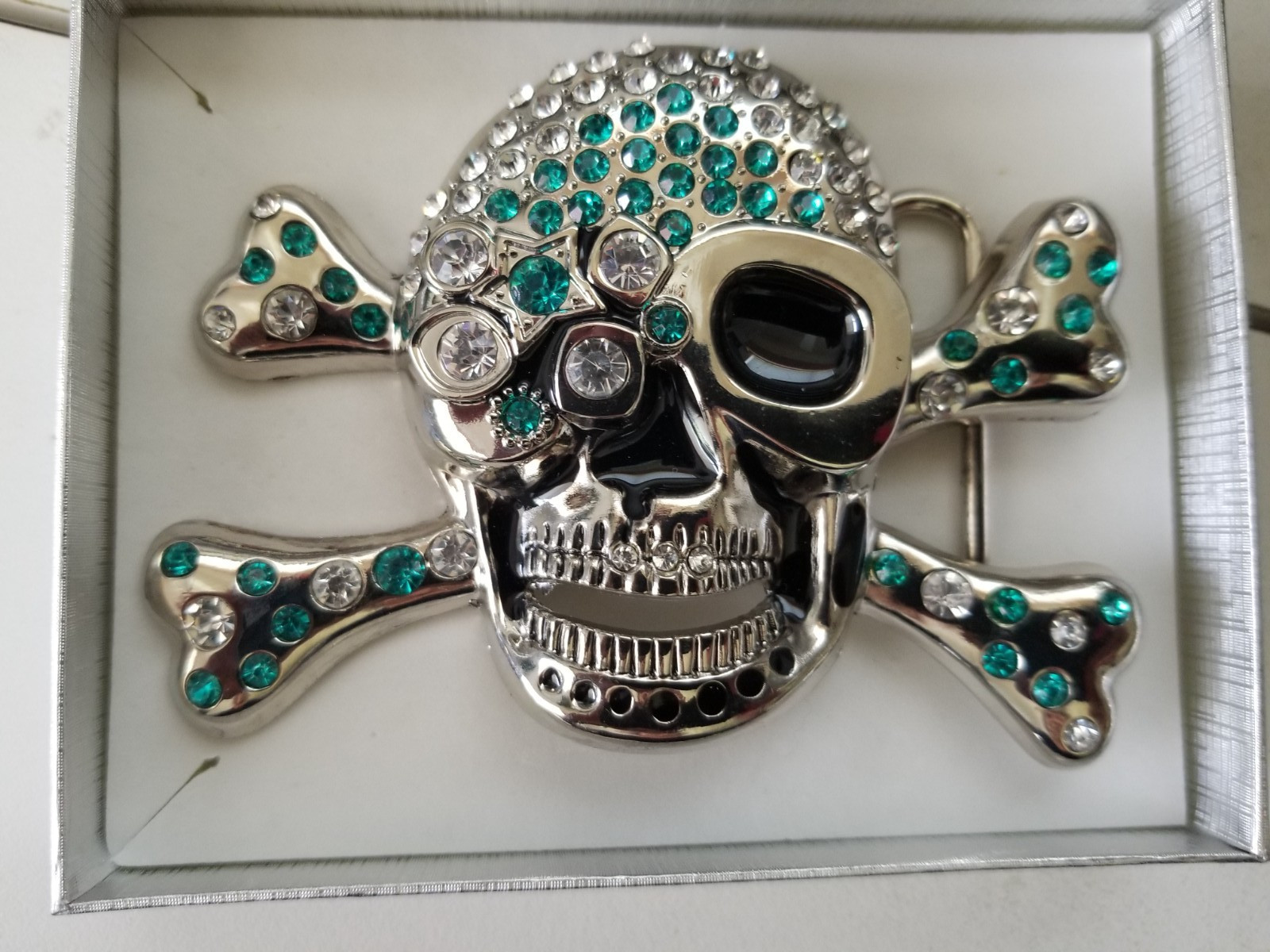 Skull & Crossbones Silver Heavy Metal Belt Buckle with Aqua & White Rhinestones