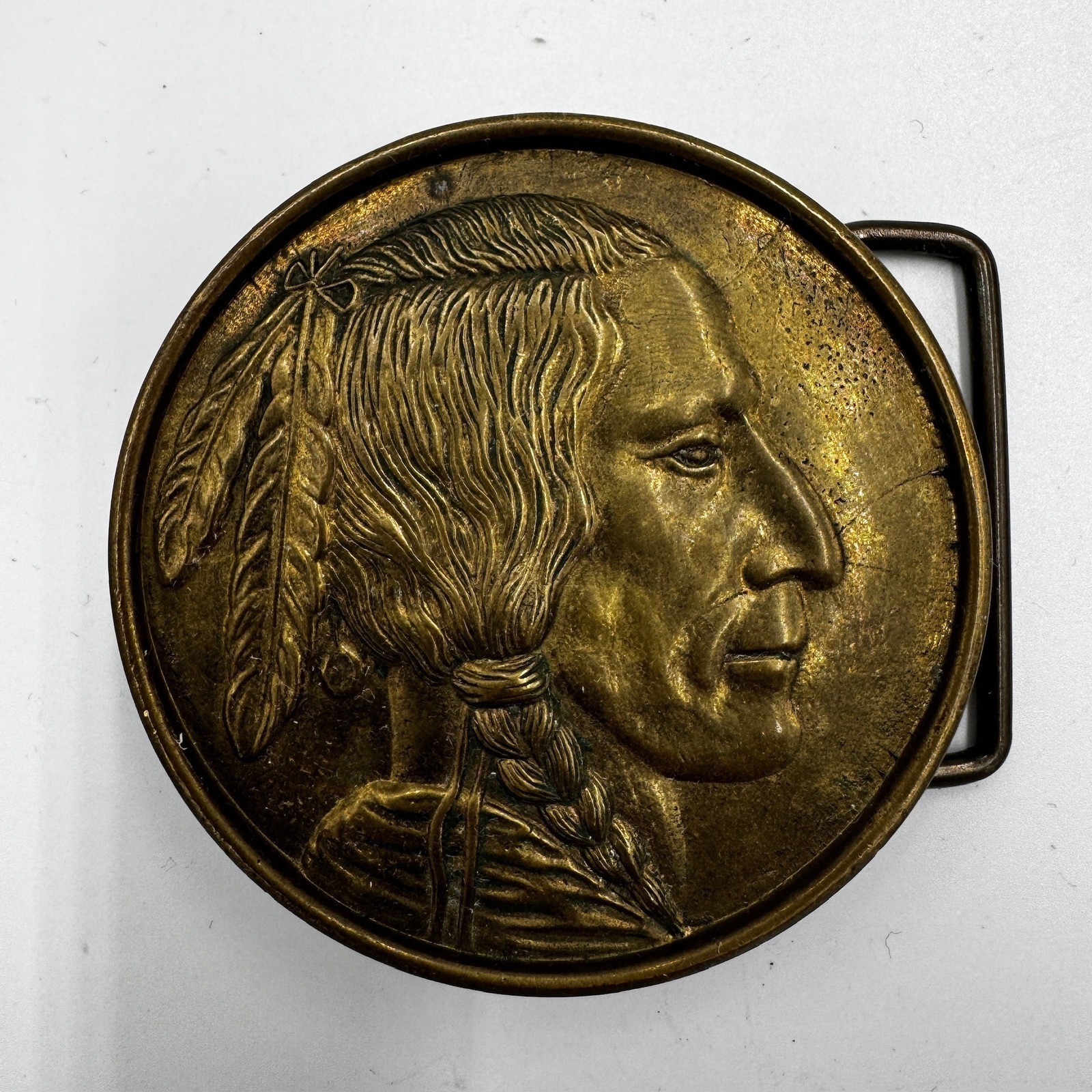 Vintage Baron Buckles Solid Brass Native American Chief Belt Buckle 416 Round