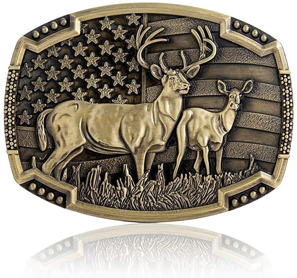 Metal Belt Buckle 4&Prime;x3&Prime; Deer Hunter Western USA Flag Background for 1.5&Prime; belt